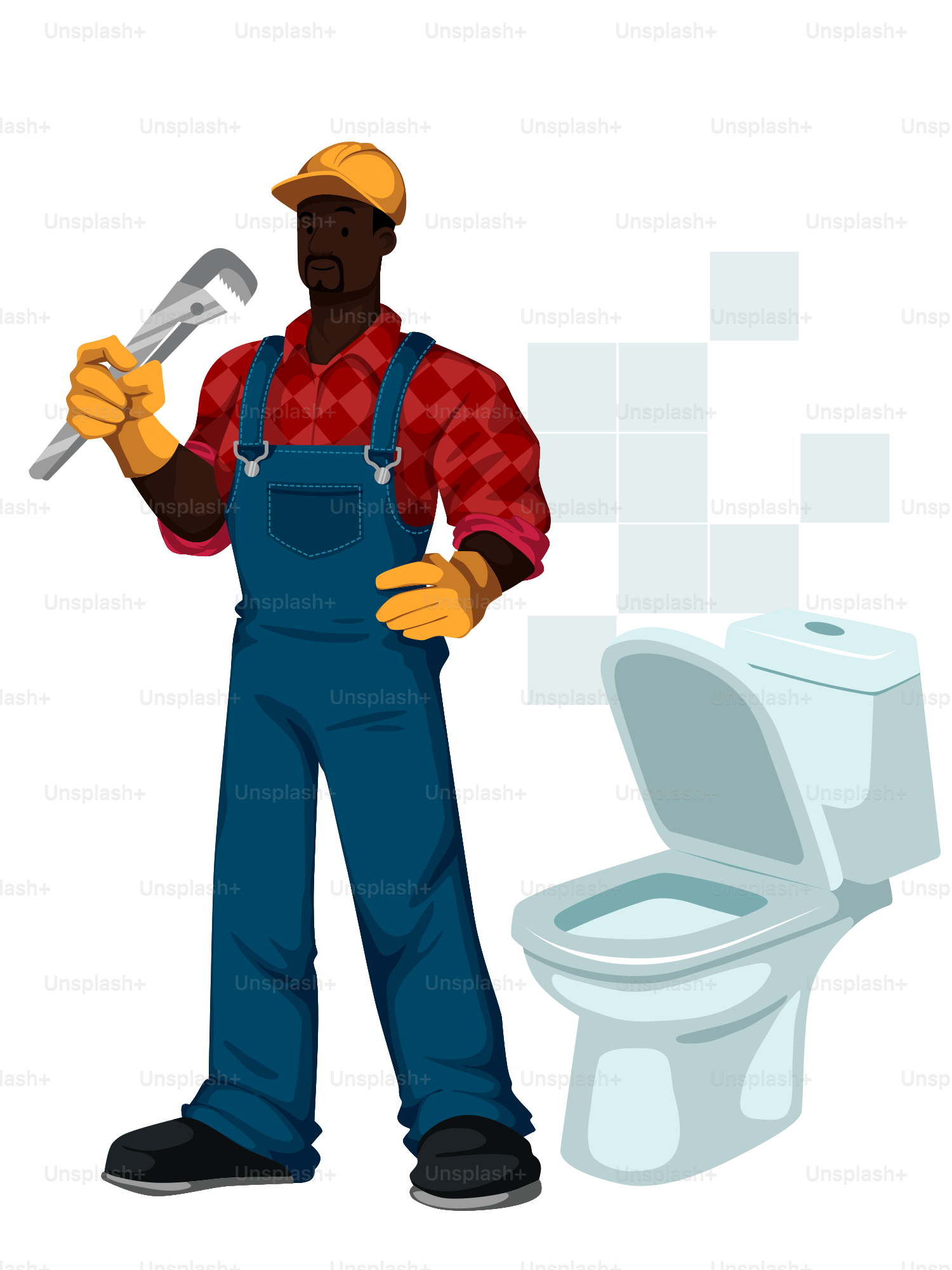 Un homme en salopette tenant une clé à molette à côté des toilettes