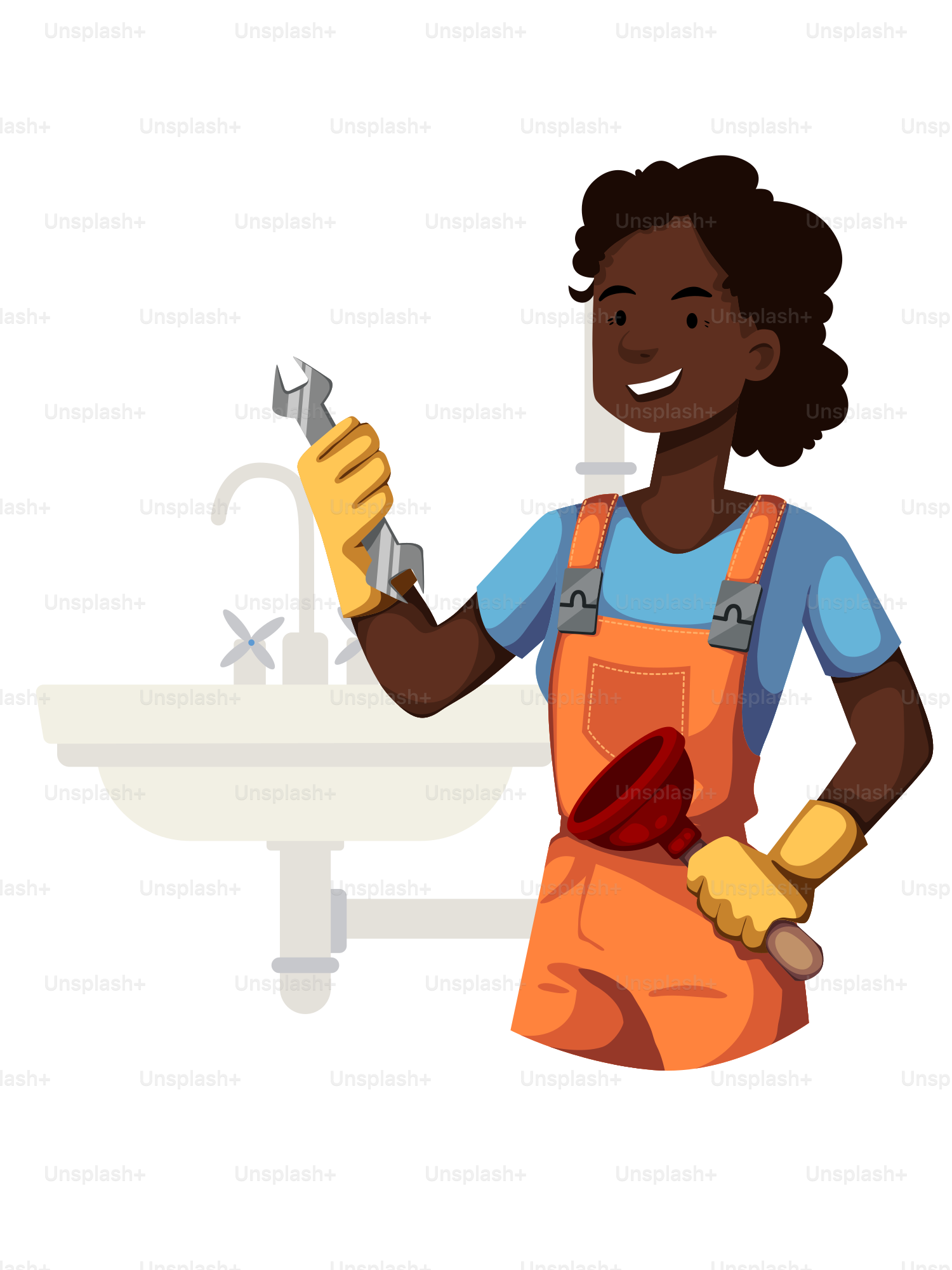 A woman in an orange overalls holding a wrench in front of a sink