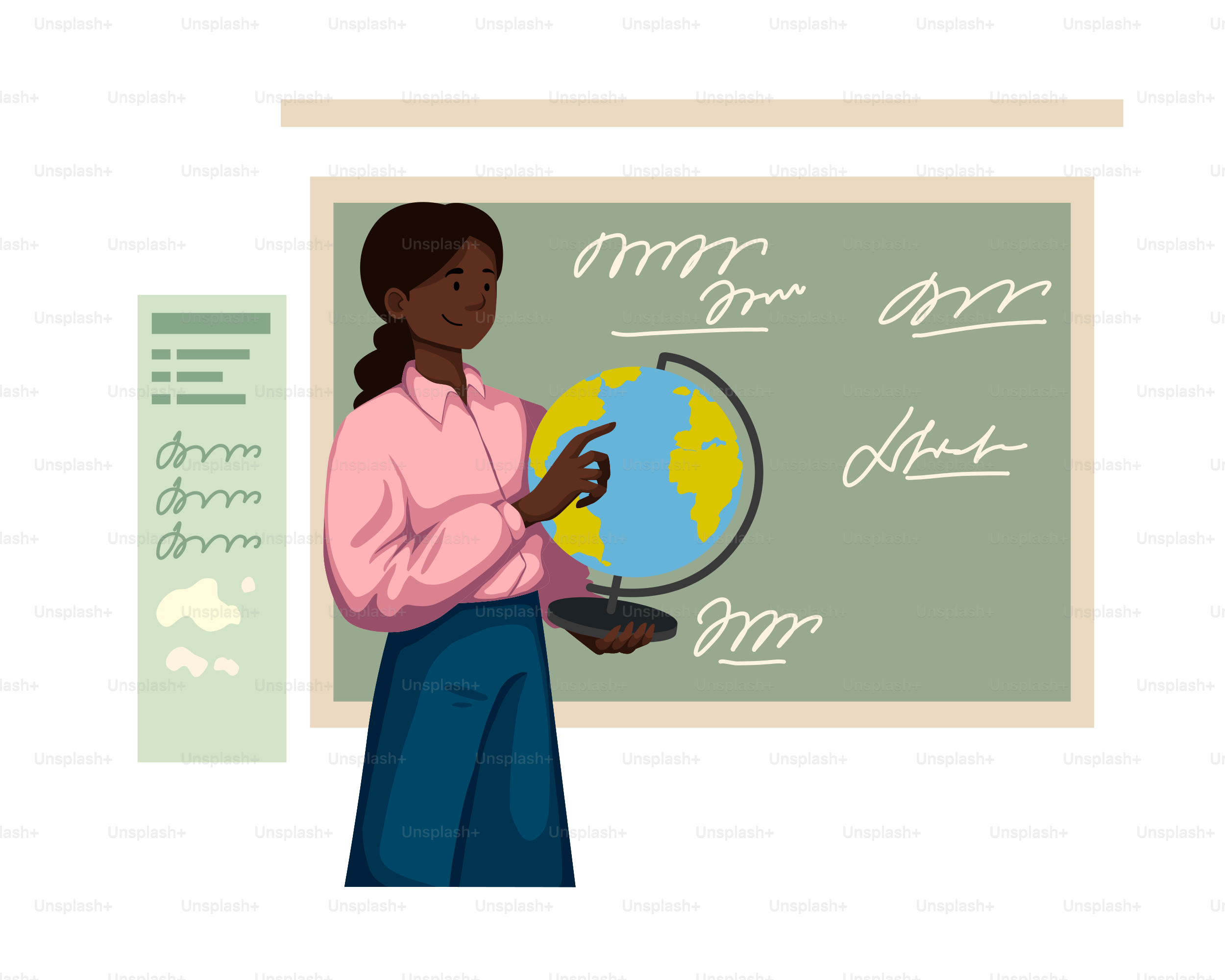 Una mujer de pie frente a una pizarra con un globo terráqueo