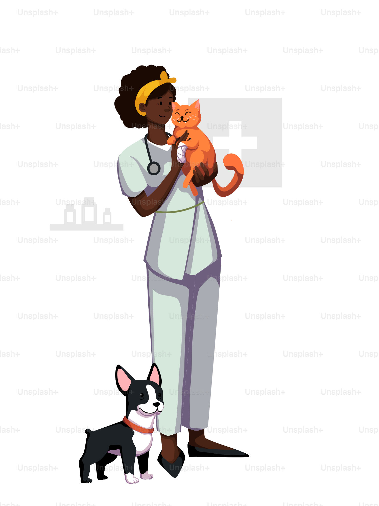 A woman in scrubs holding a cat and a dog