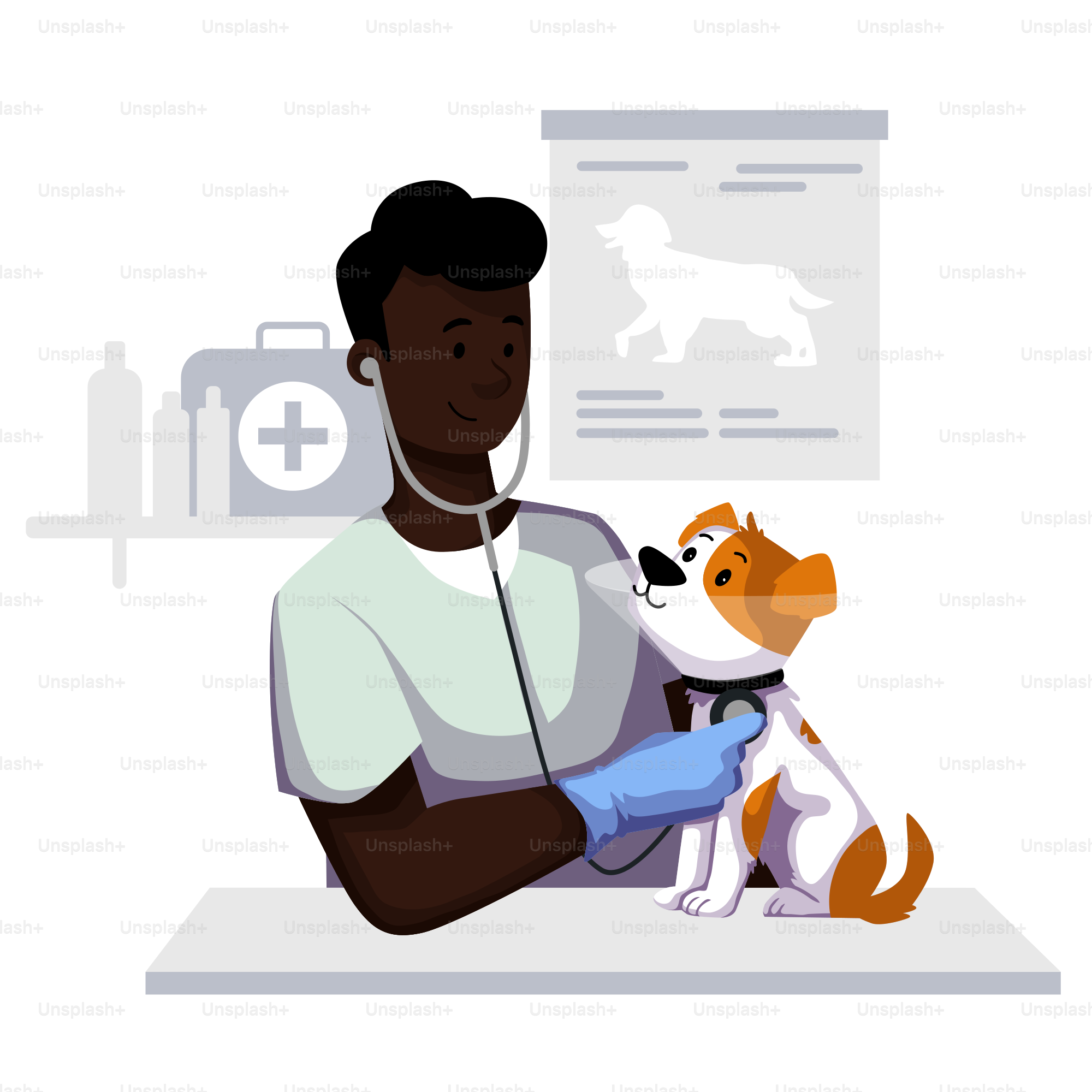 A woman with a stethoscope examining a dog