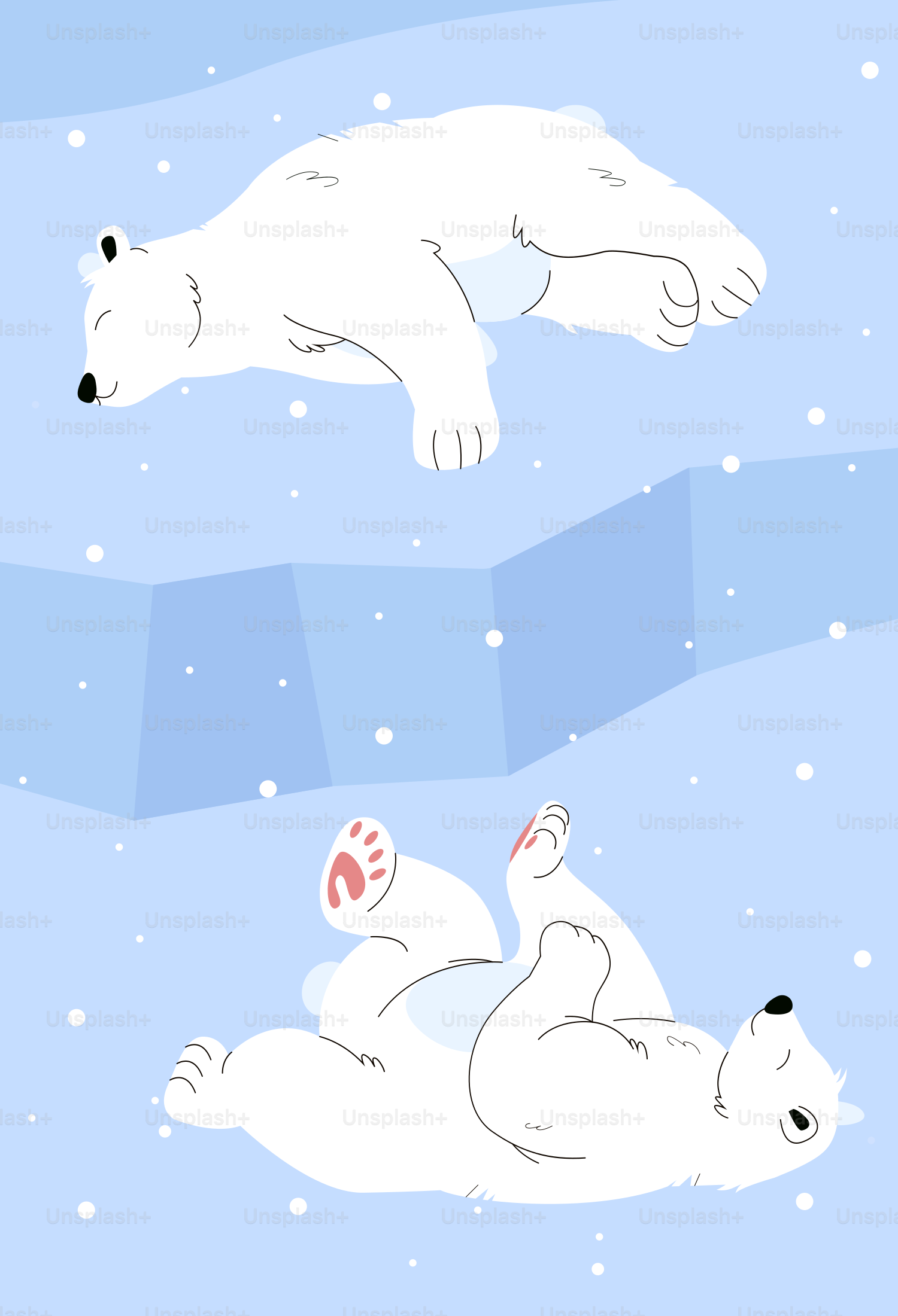 A polar bear laying on its back in the snow