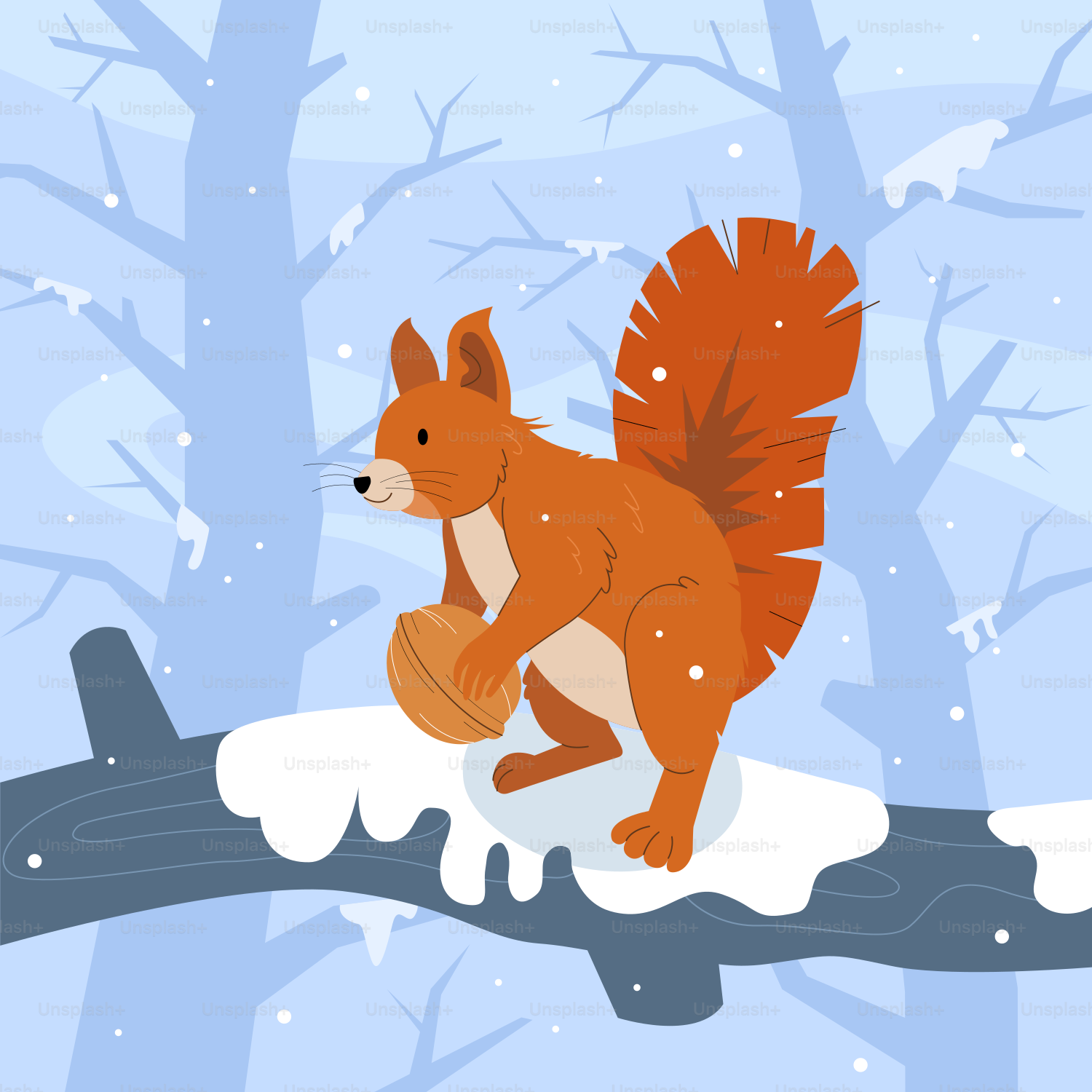 A squirrel is sitting on a branch in the snow