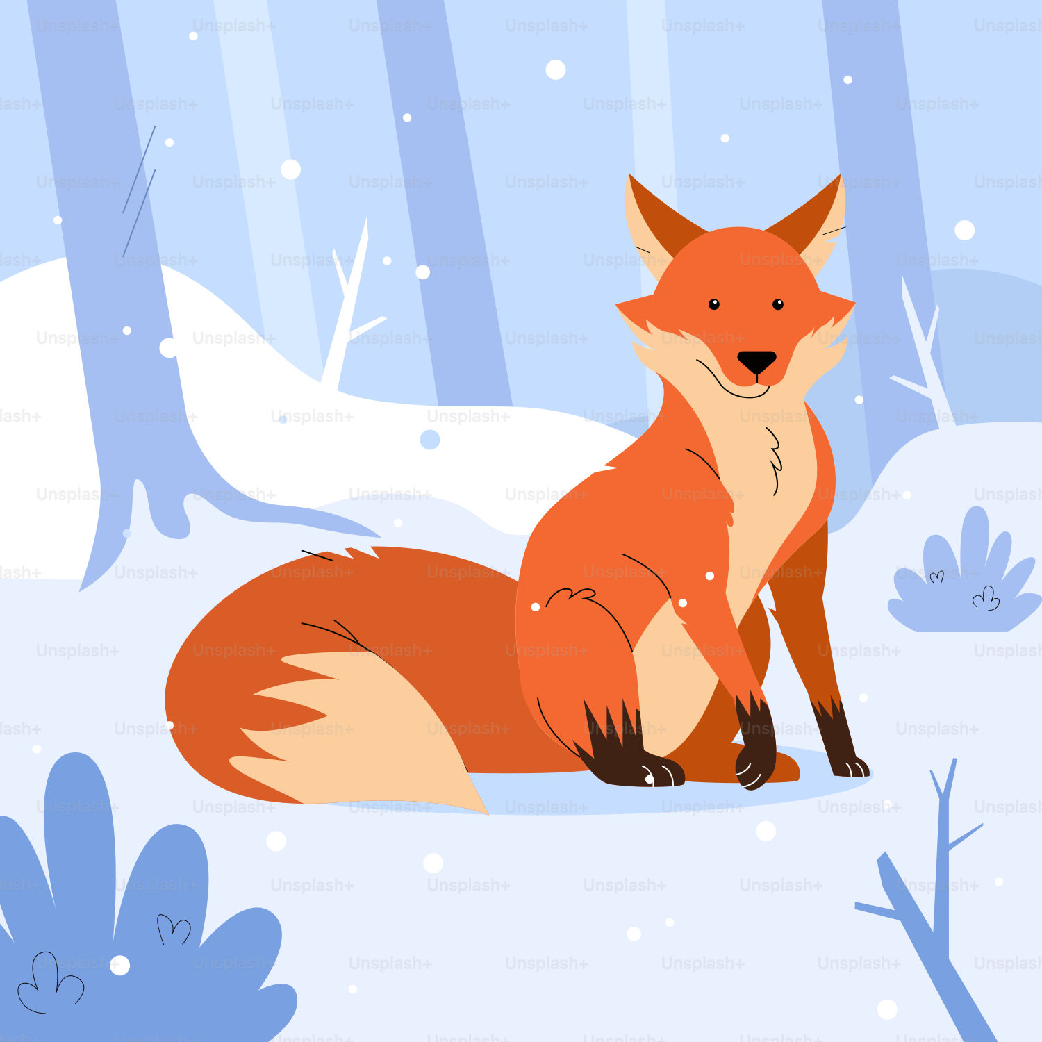 A red fox sitting in the snow in a forest
