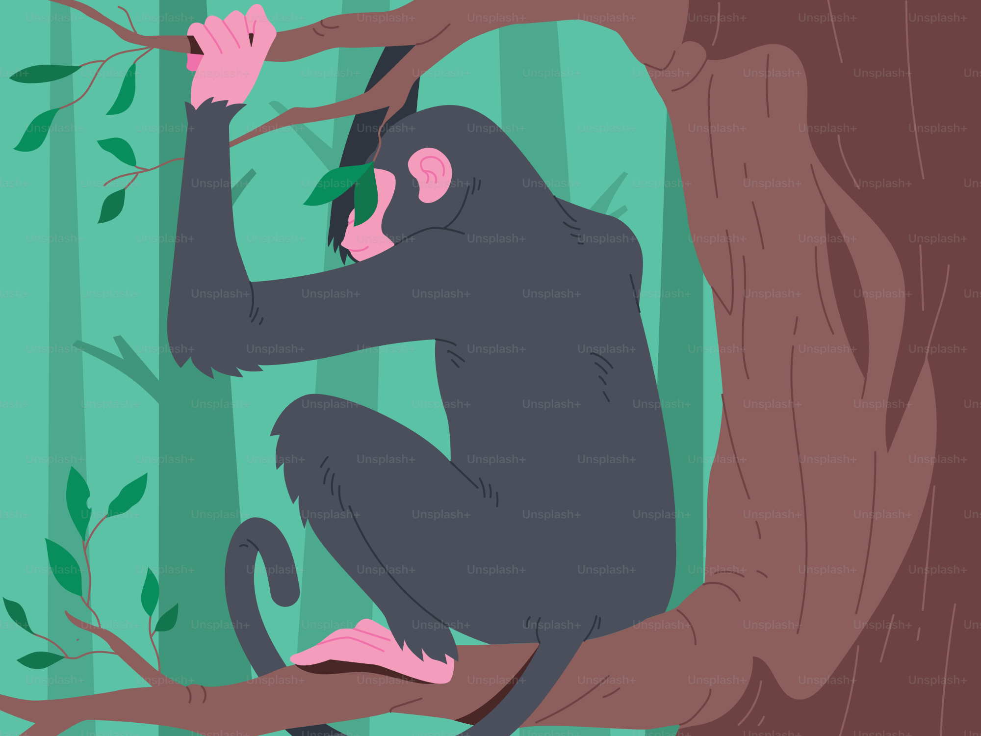 Um macaco está sentado em um galho de árvore