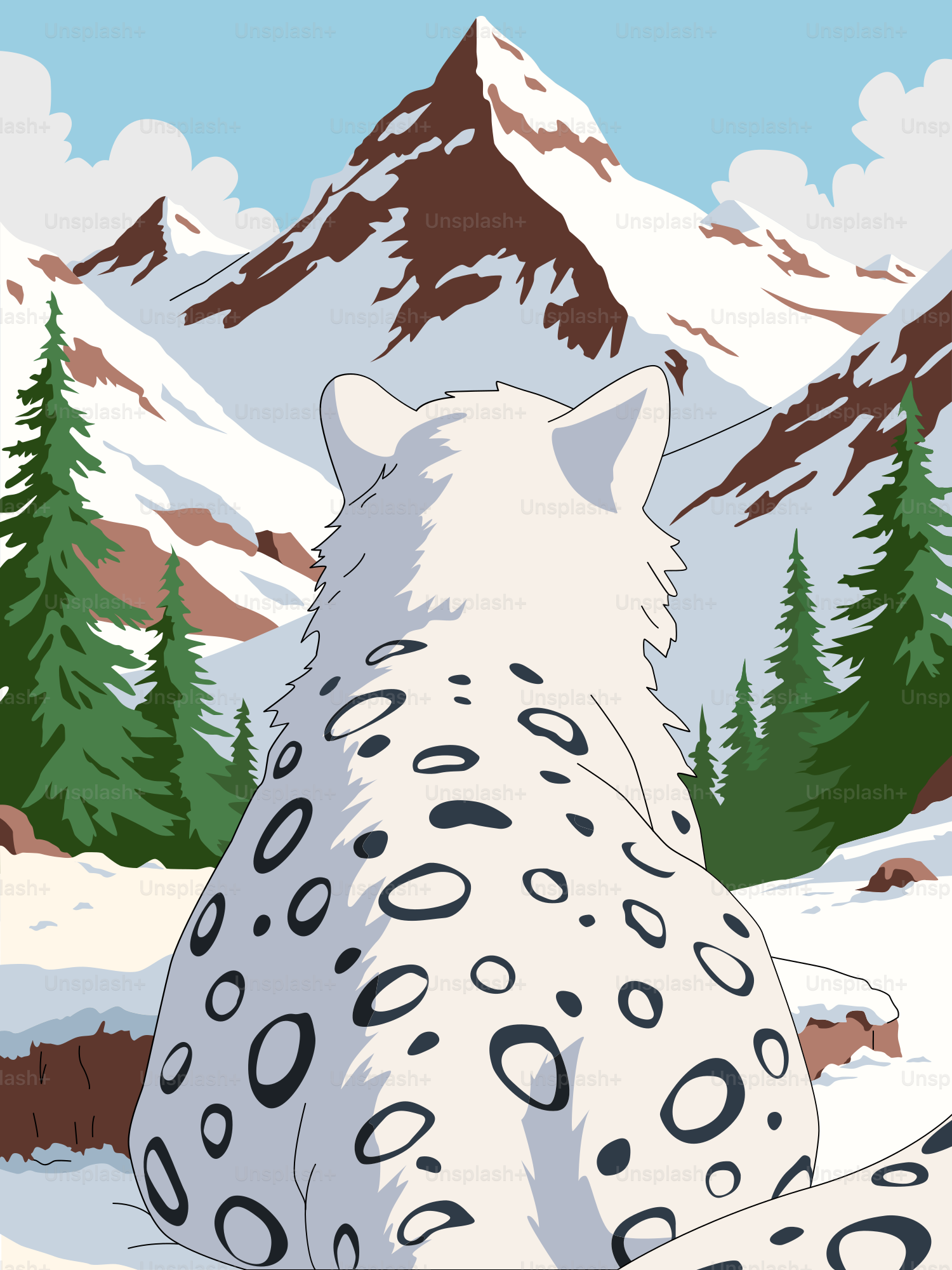 A snow leopard sitting in the snow with mountains in the background