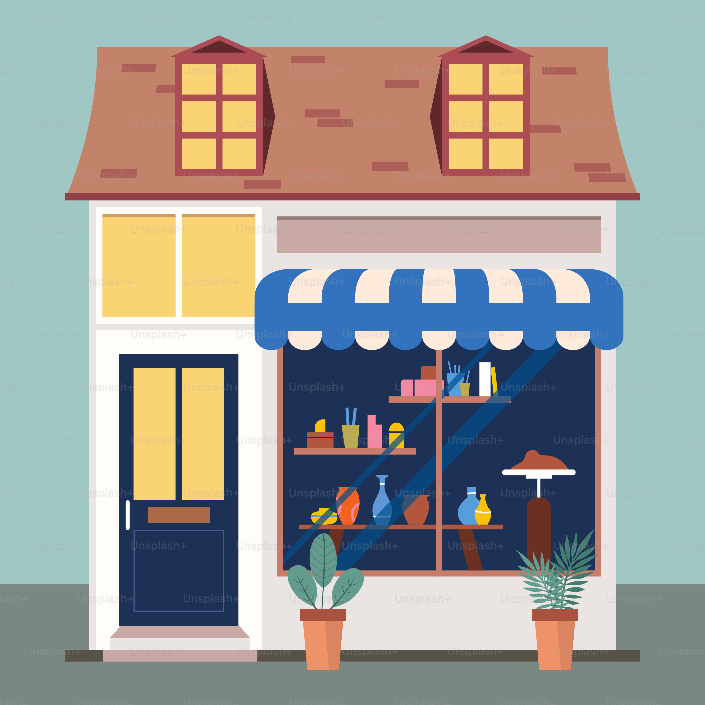 Un escaparate con un toldo azul y plantas en maceta