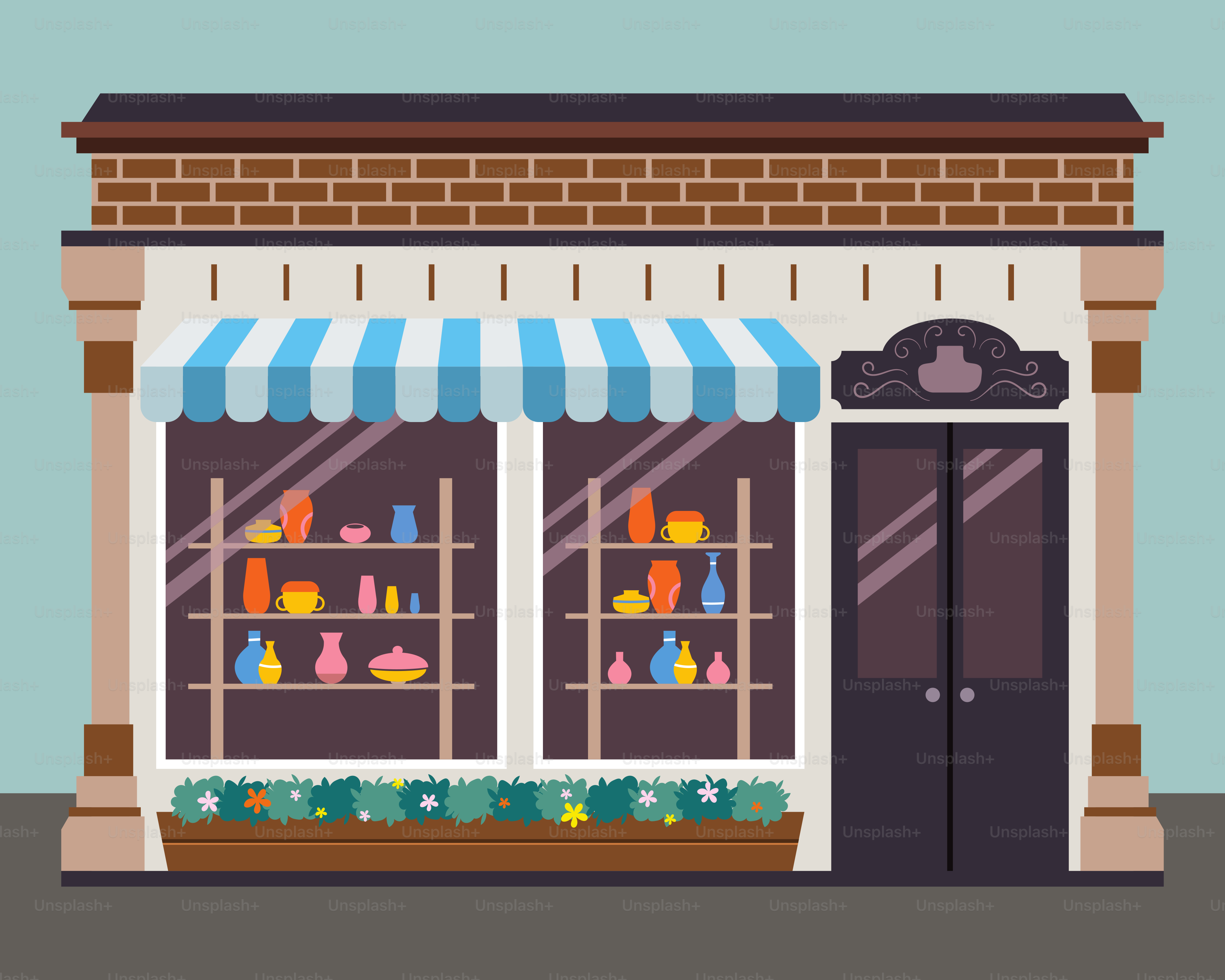 Un escaparate con un toldo azul y uno a rayas azules y blancas