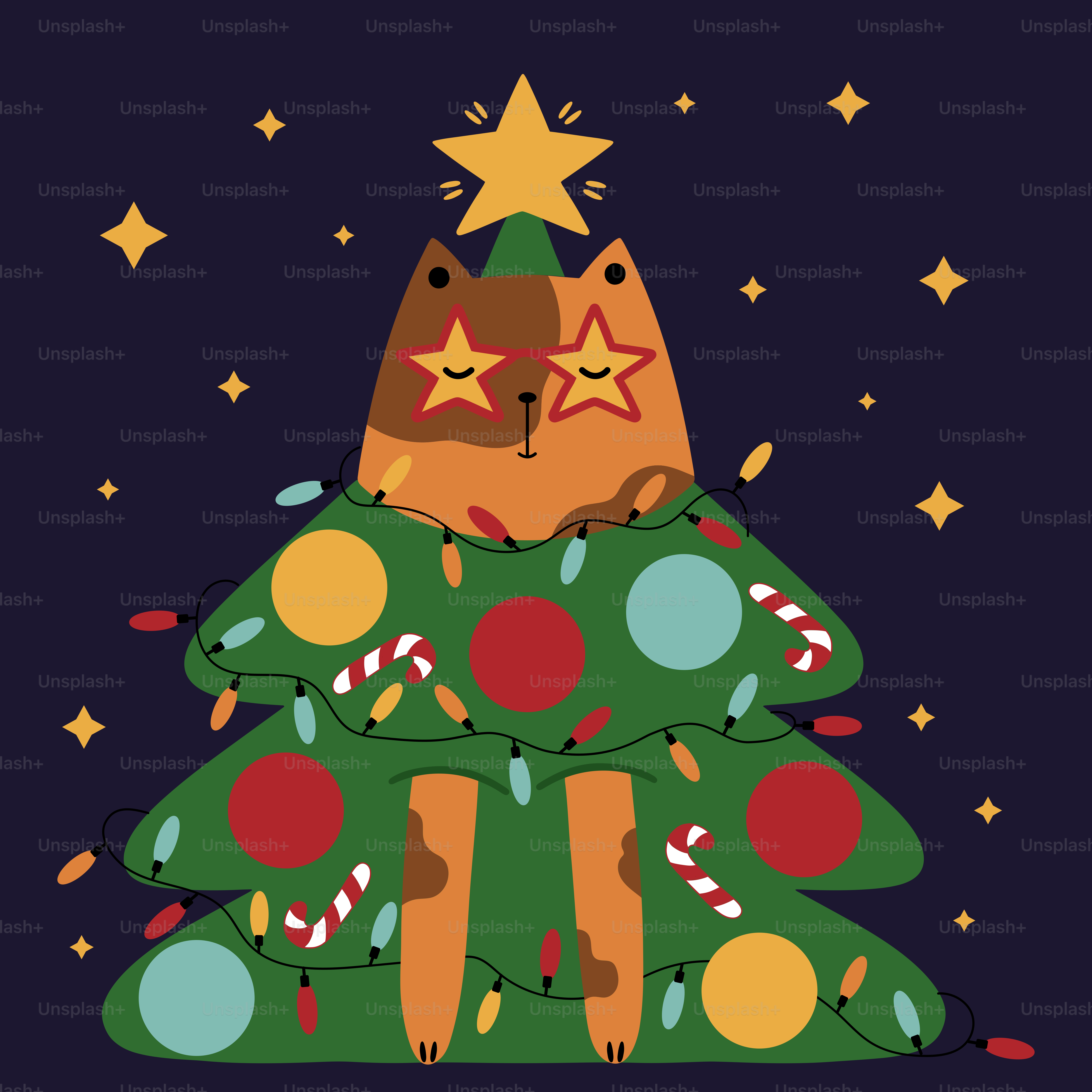 Eine Katze, die auf einem Weihnachtsbaum sitzt