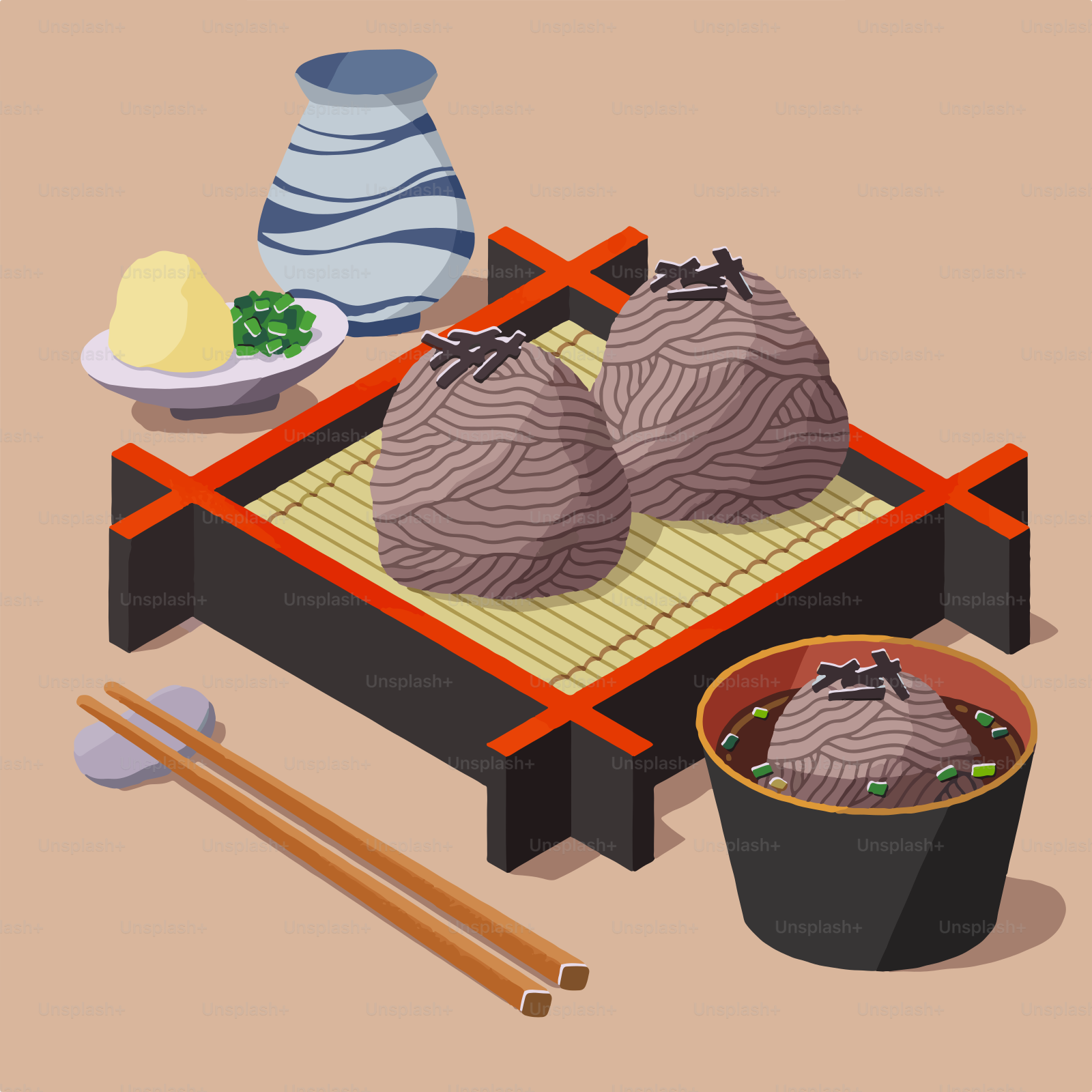 Un'immagine di del cibo e delle bacchette su un tavolo