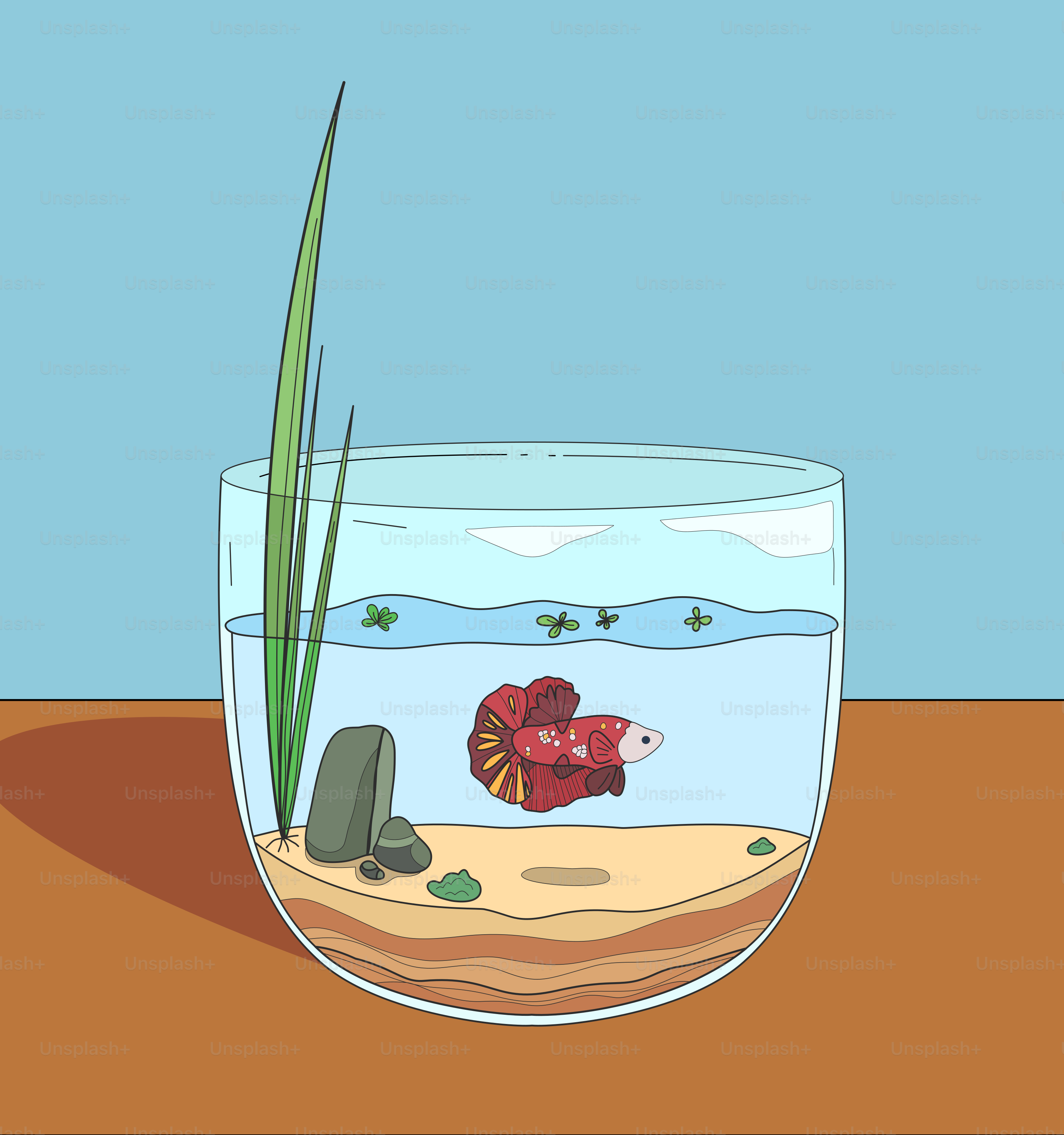 A fish in a bowl of water with a plant growing out of it