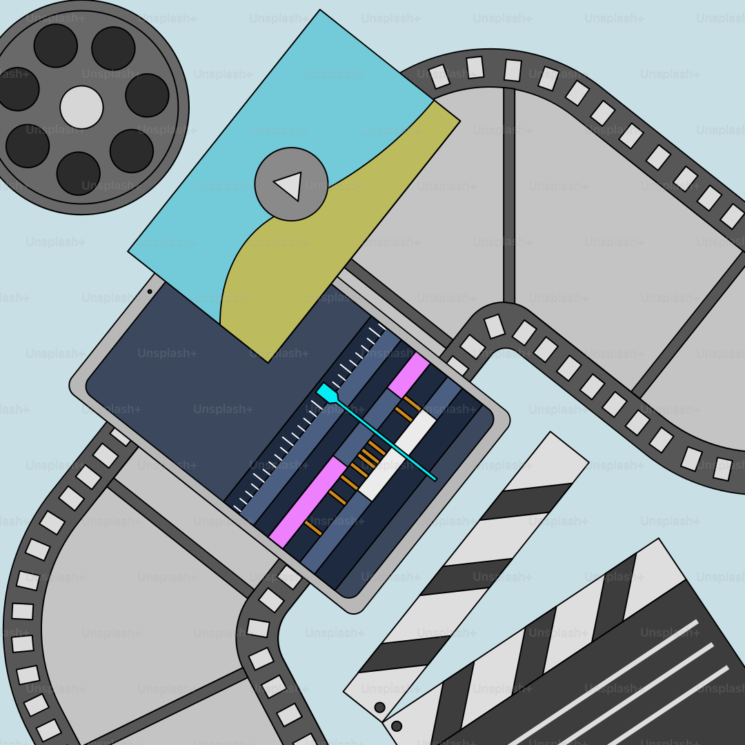 A flat lay of film, a clapper, and a camera