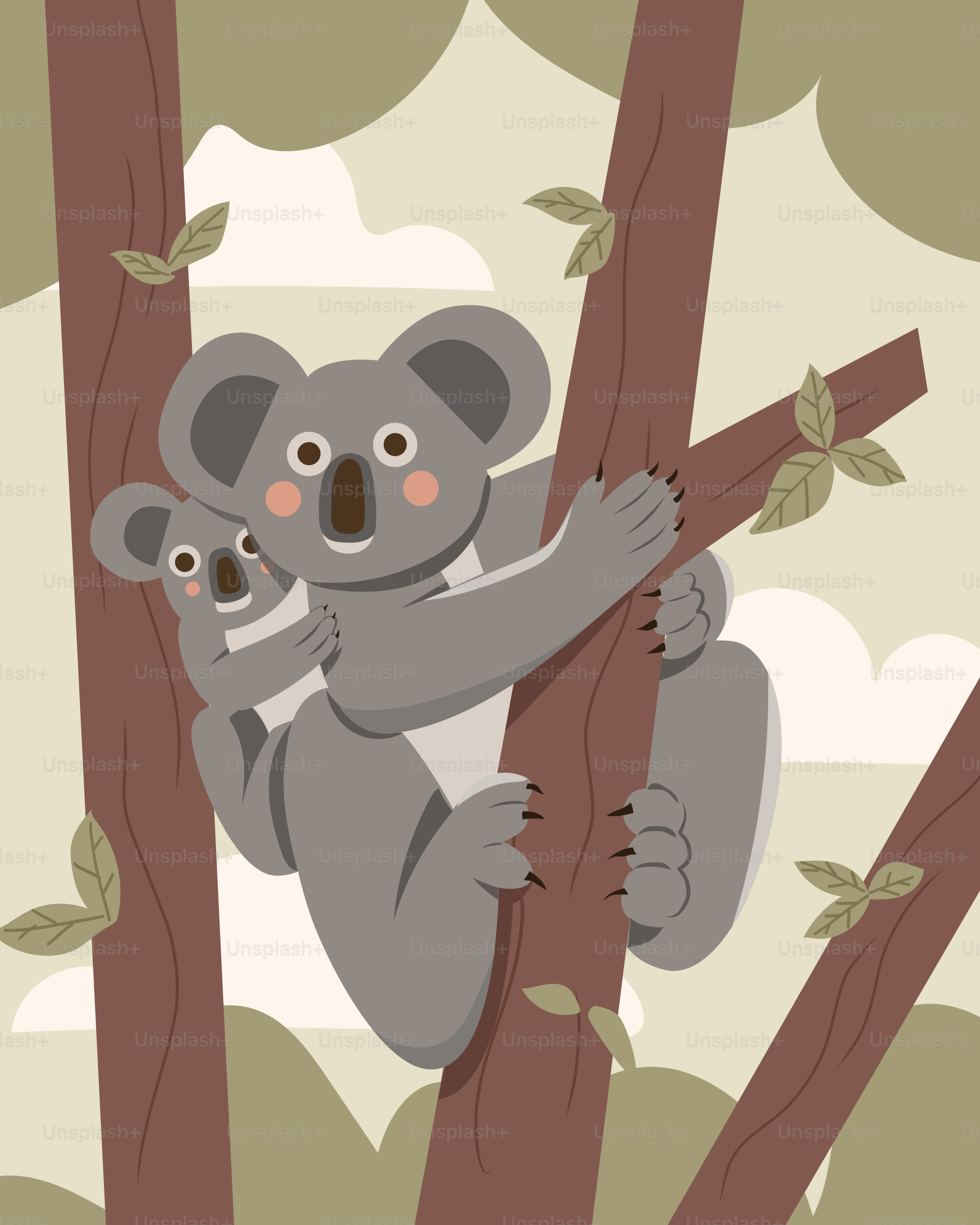 A koala bear and her cub are sitting in a tree