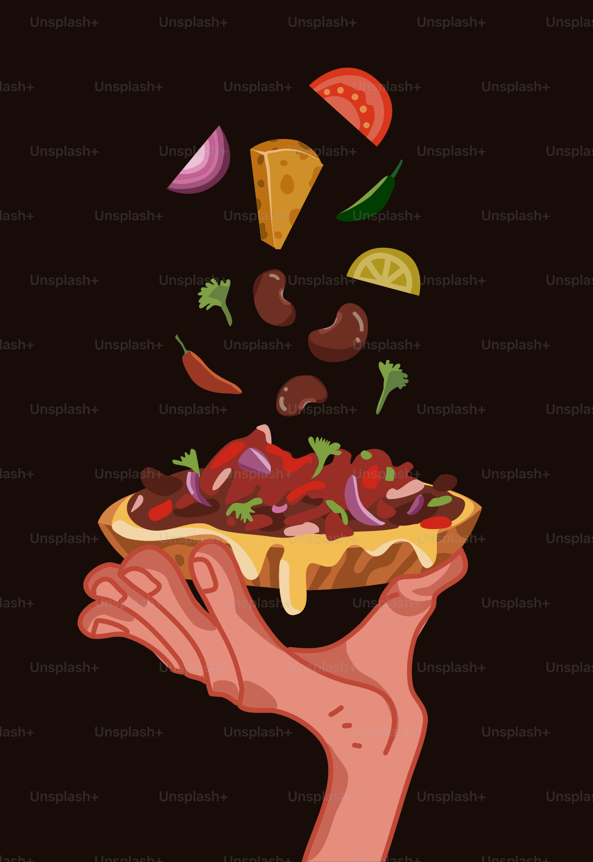 A hand holding a pizza with toppings coming out of it