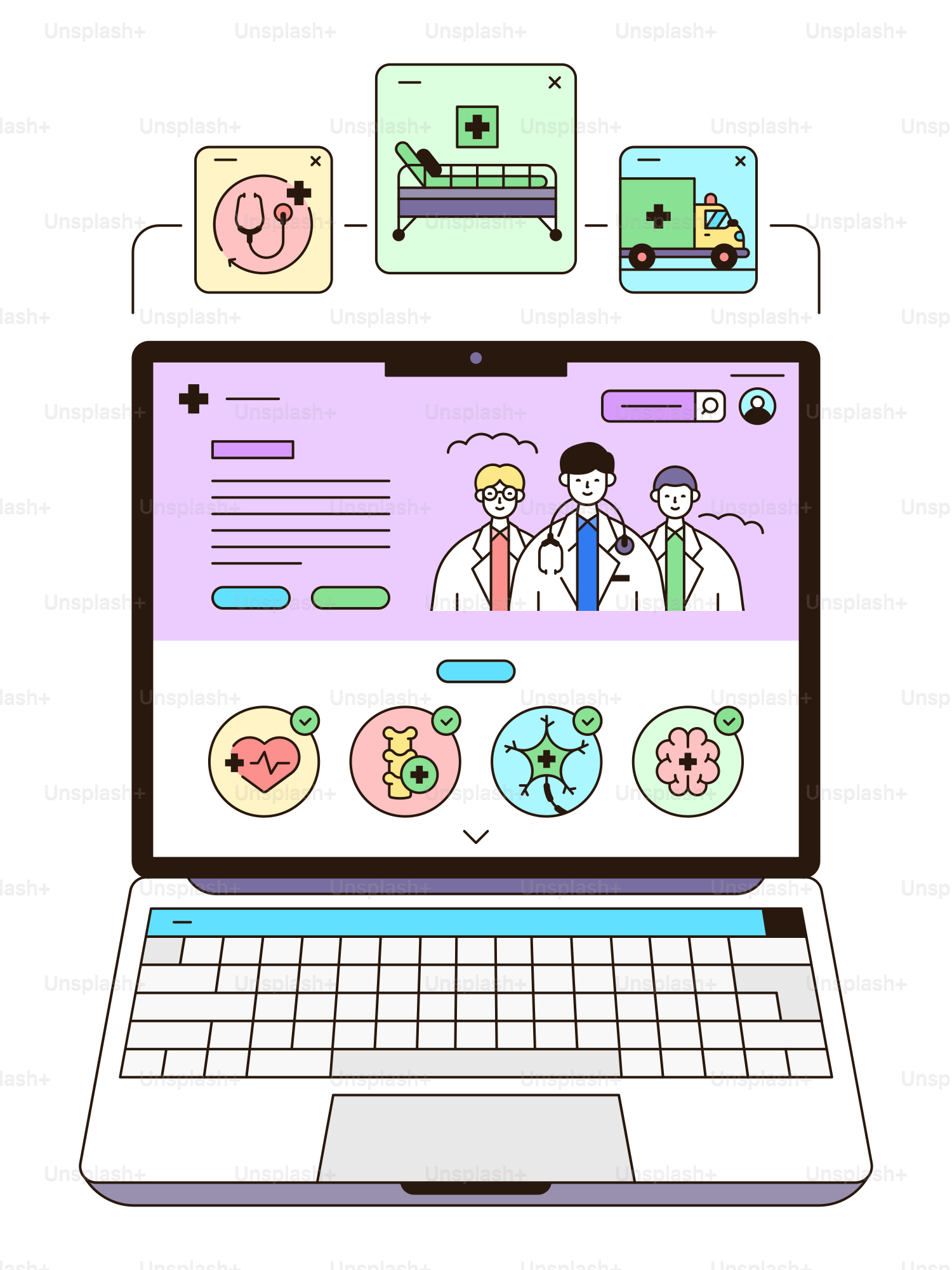 A laptop with a cartoon of doctors on the screen