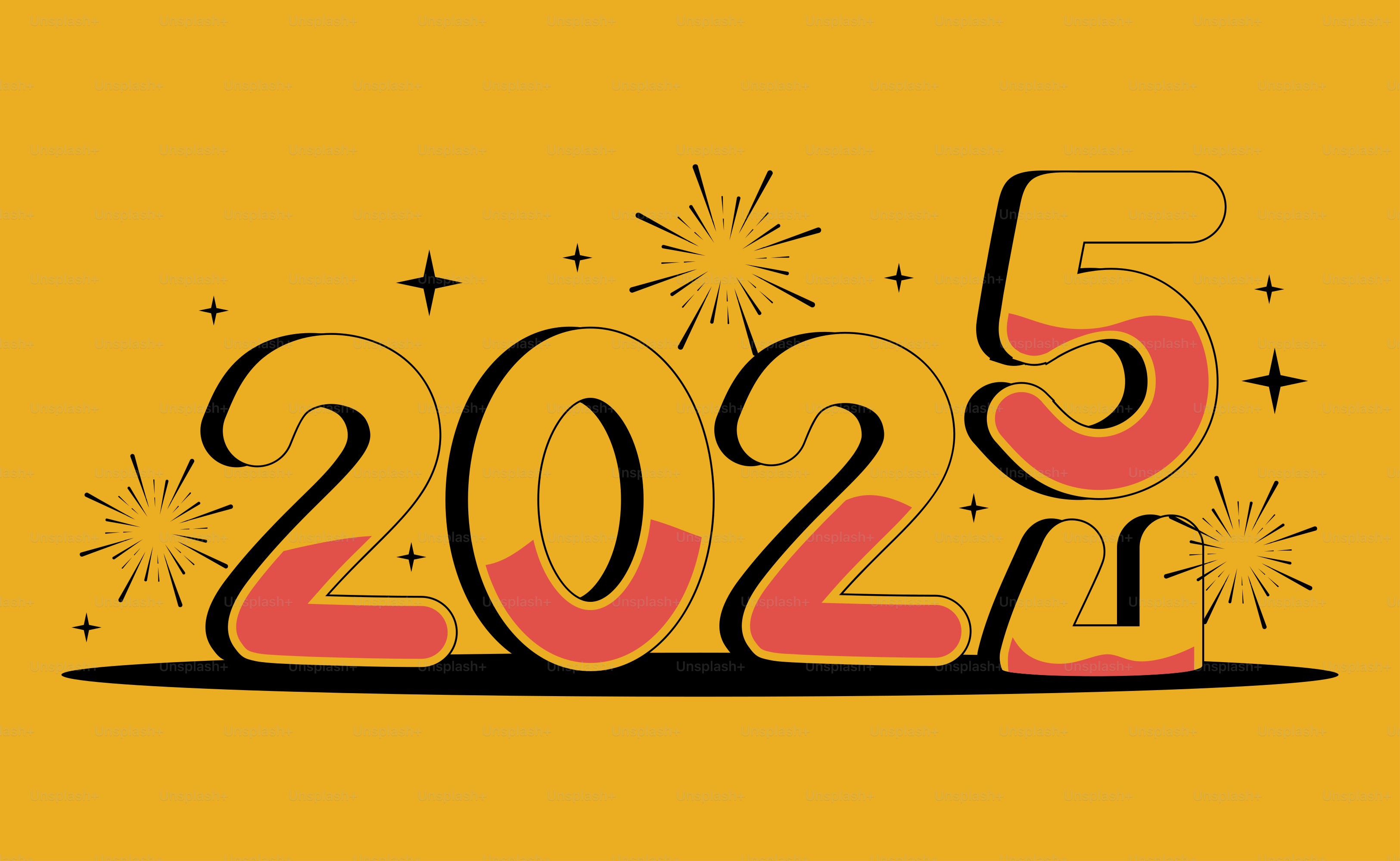 A yellow background with the number five and fireworks