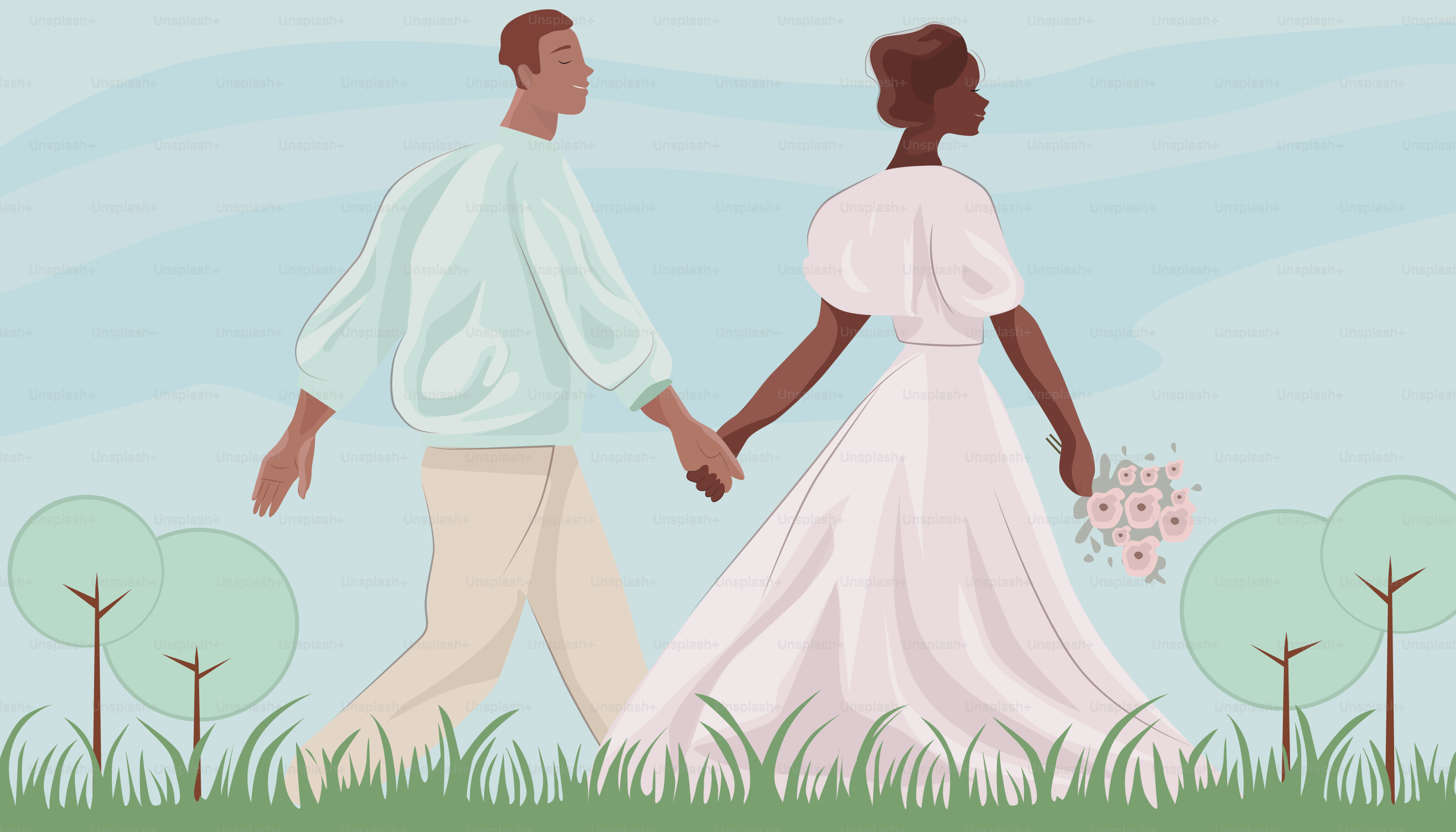 A man and a woman walking in a field holding hands