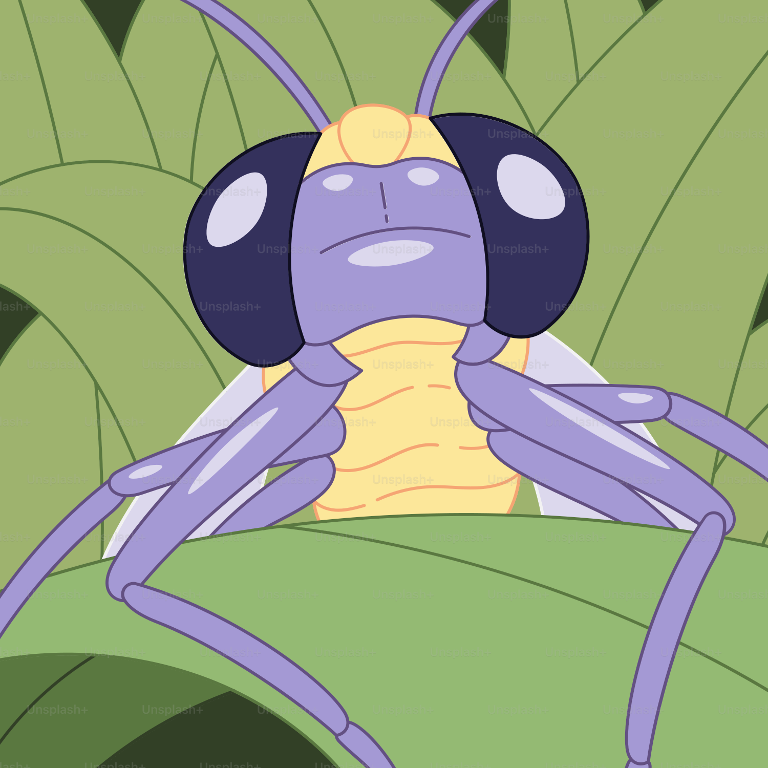 Eine violette Spinne, die auf einem grünen Blatt sitzt