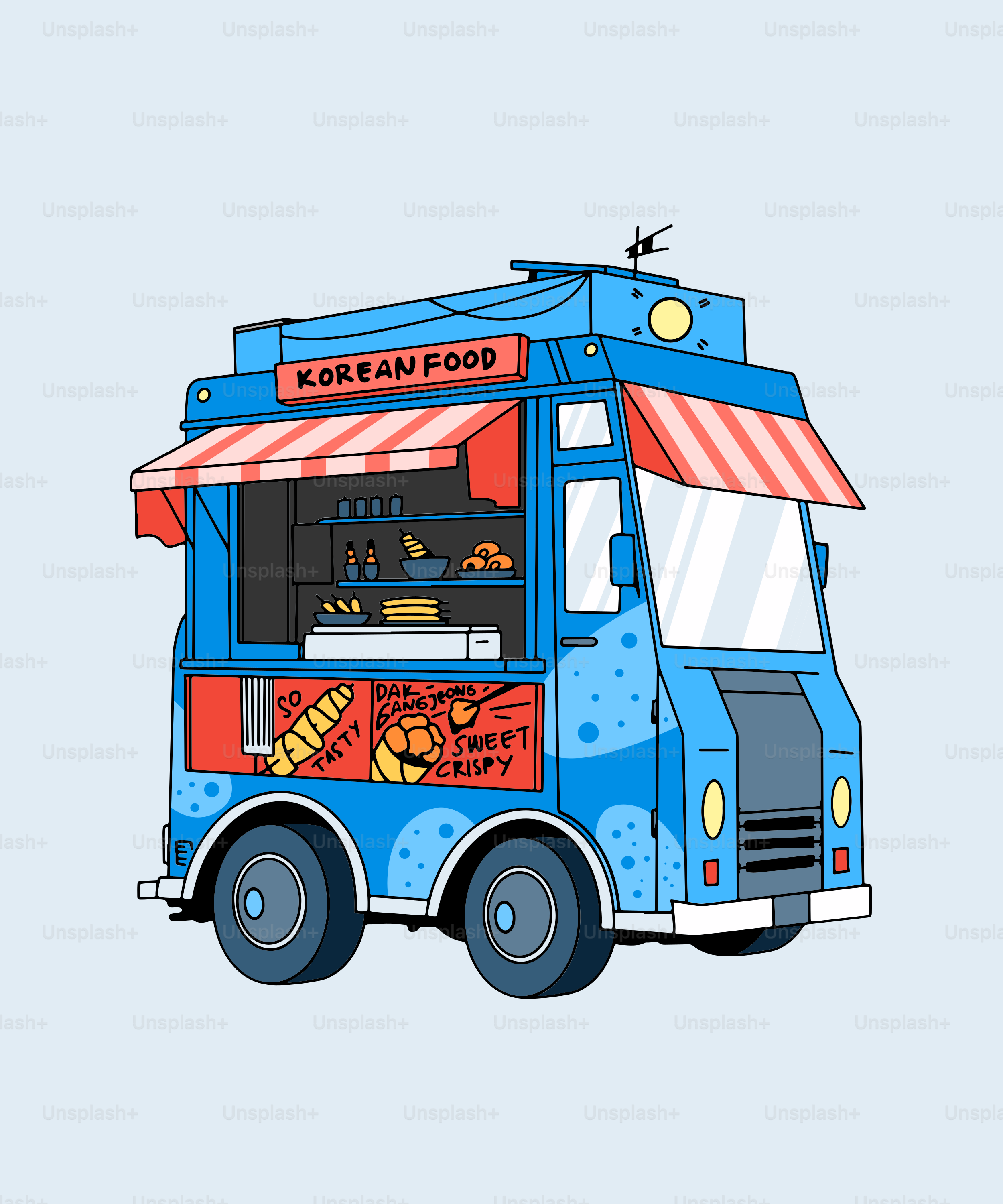 赤と白のオーニングが付いた青いフードトラック