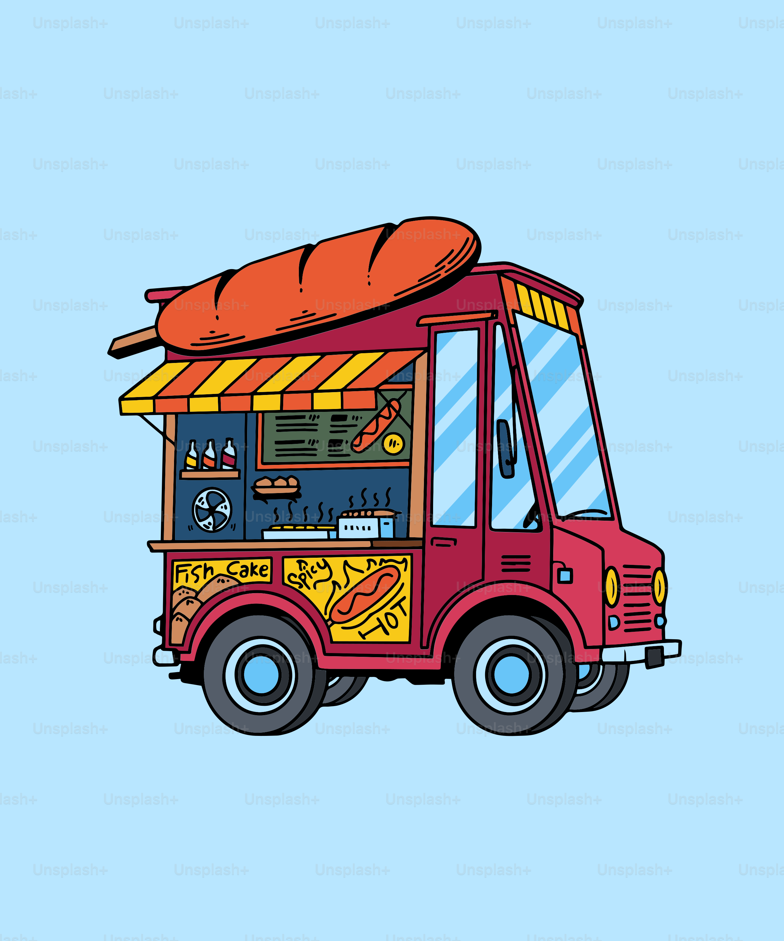 A food truck with a surfboard on top of it