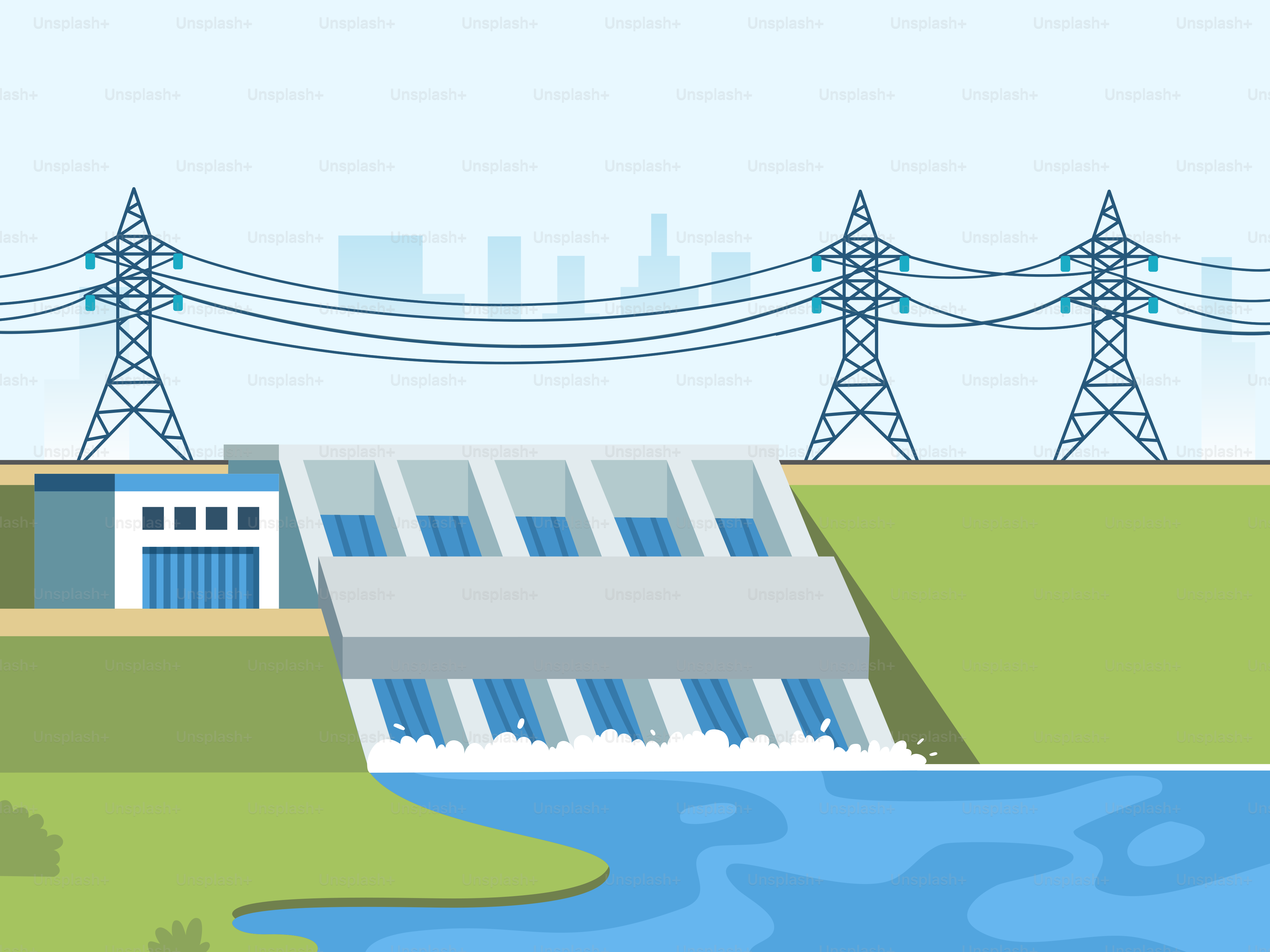 An illustration of a dam in the middle of a river