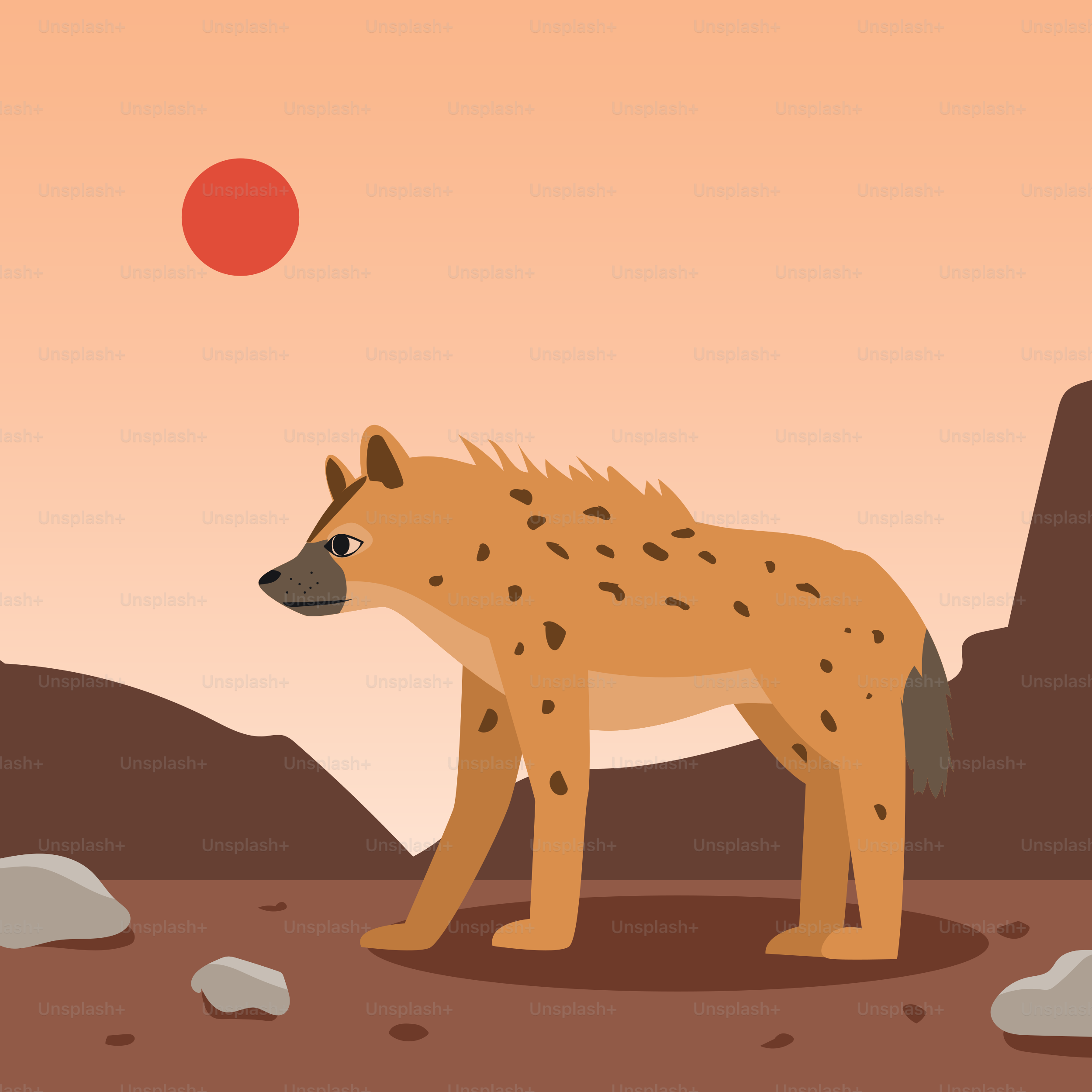A cartoon of a hyena standing in the desert