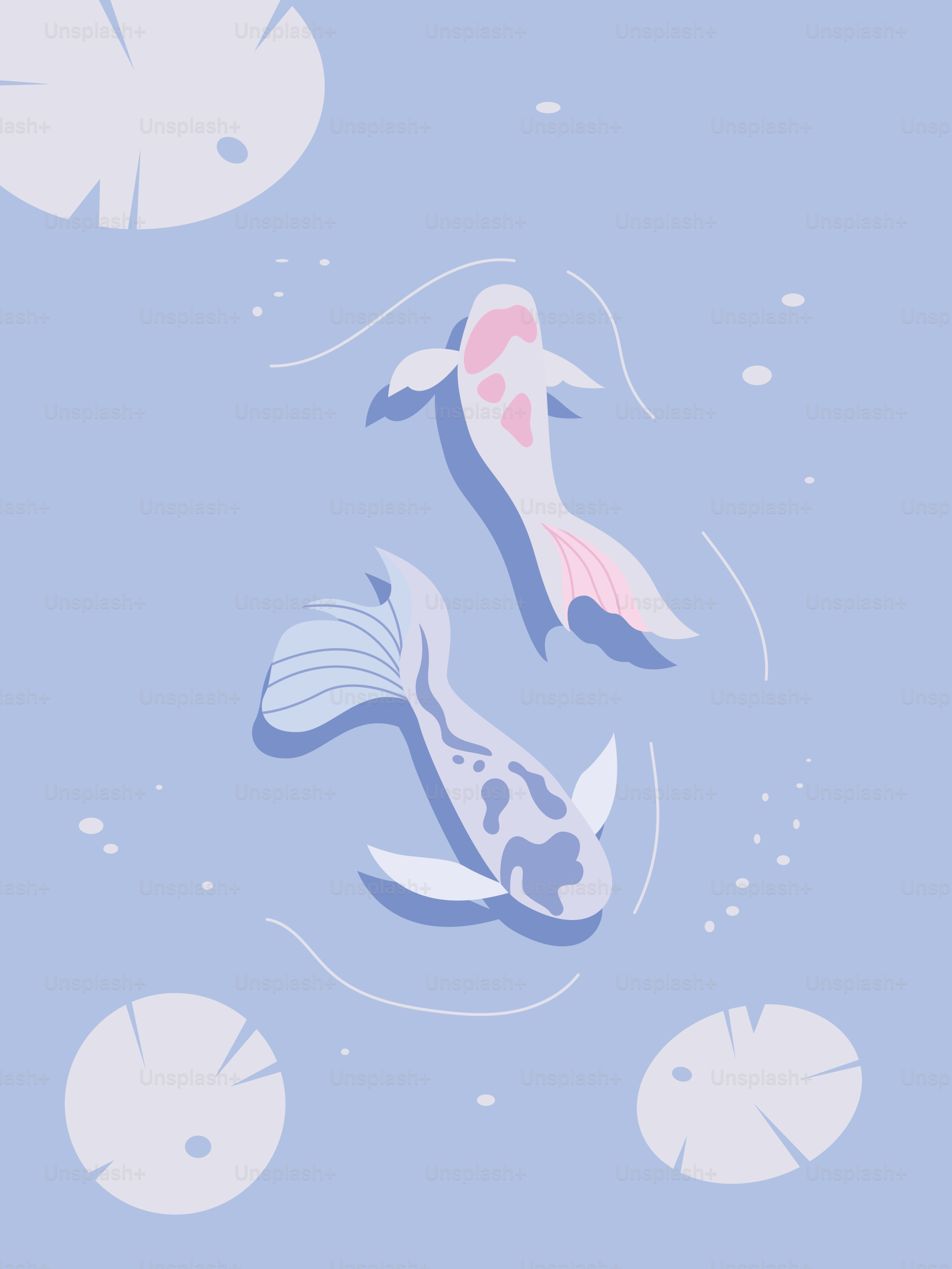 Dos peces nadando en un estanque con nenúfares