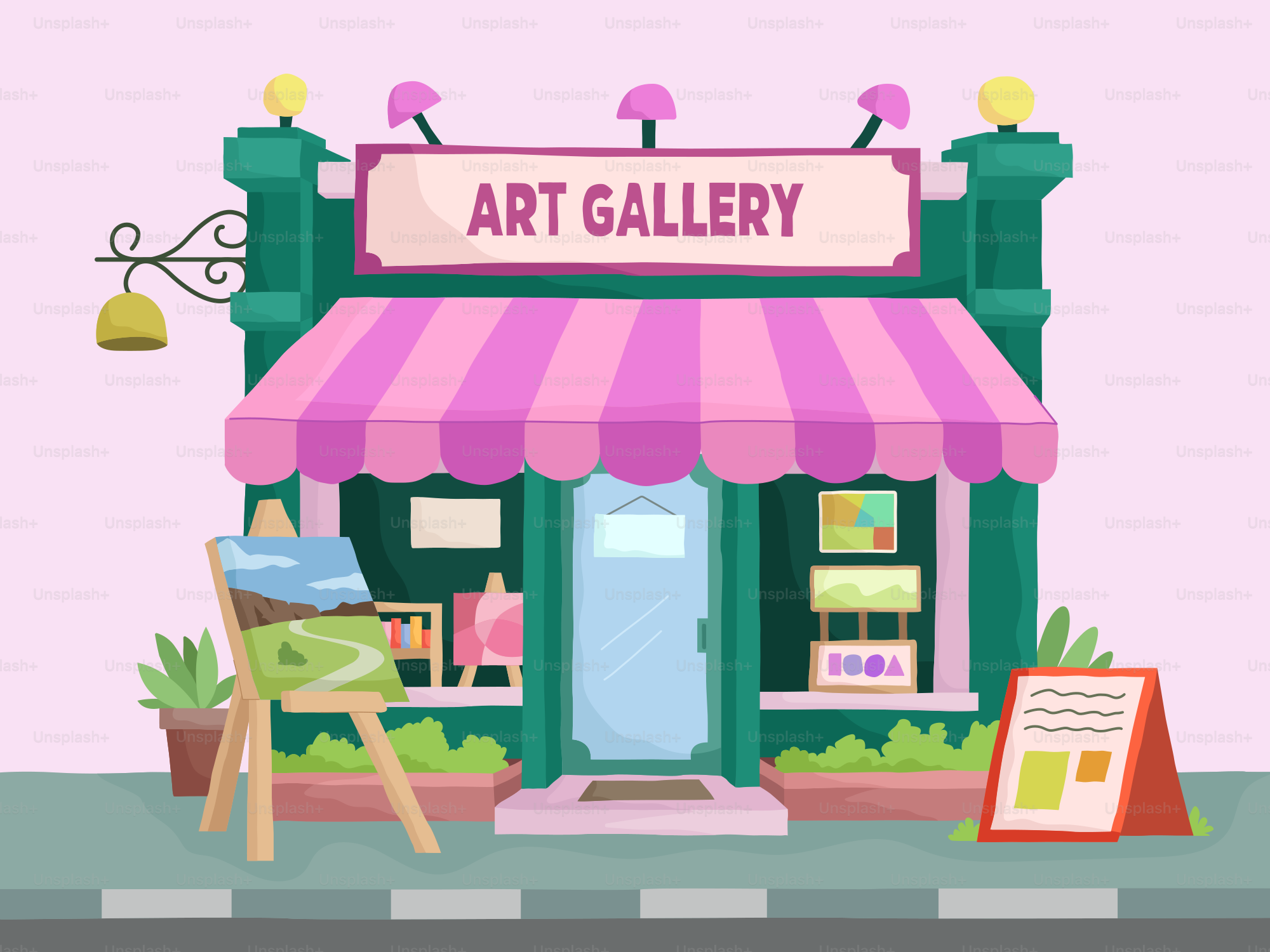 Uma vitrine com um toldo rosa e uma placa dizendo galeria de arte