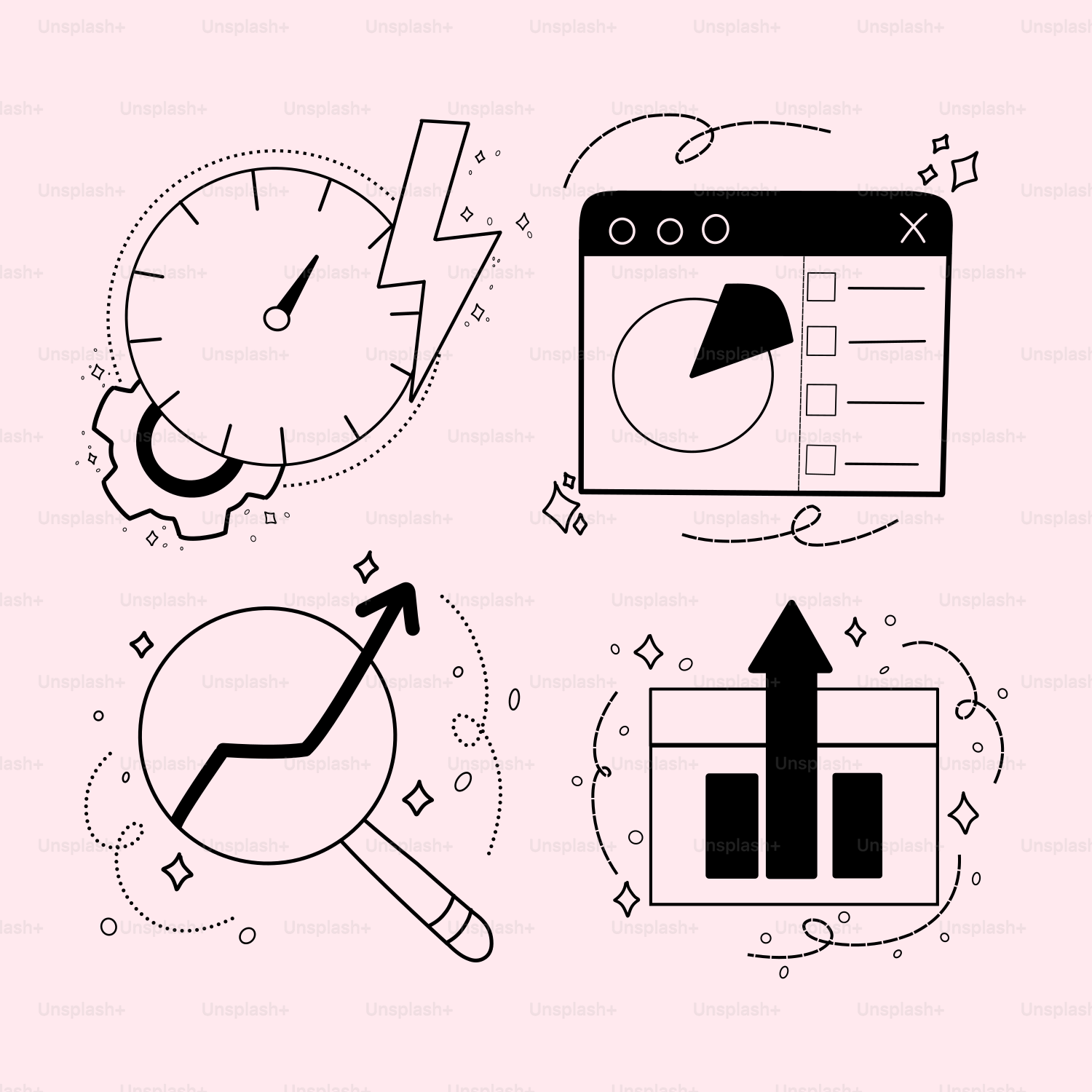 Un dibujo lineal de un reloj, una lupa, una magni
