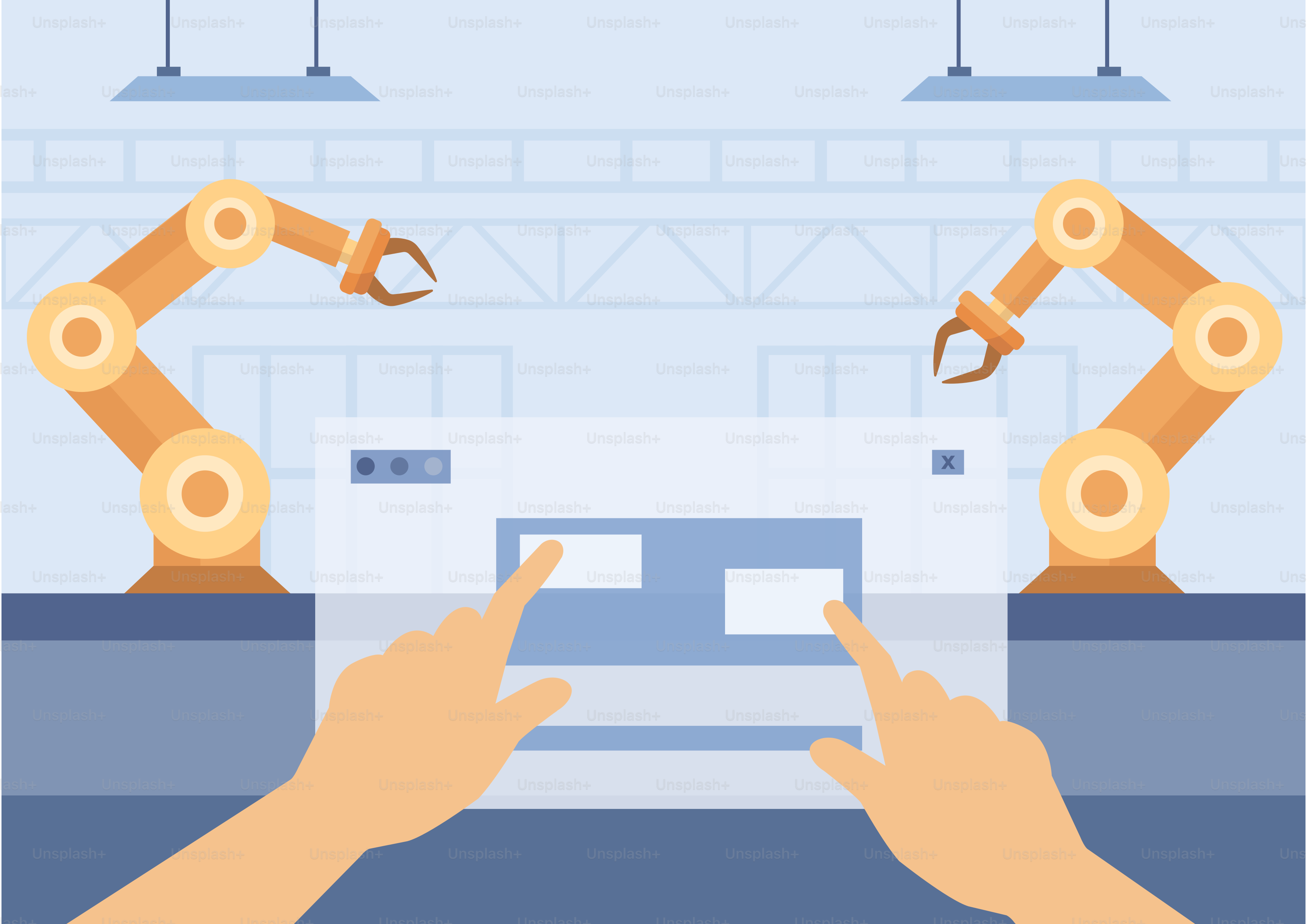 Zwei Hände, die auf eine Maschine in einer Fabrik zeigen