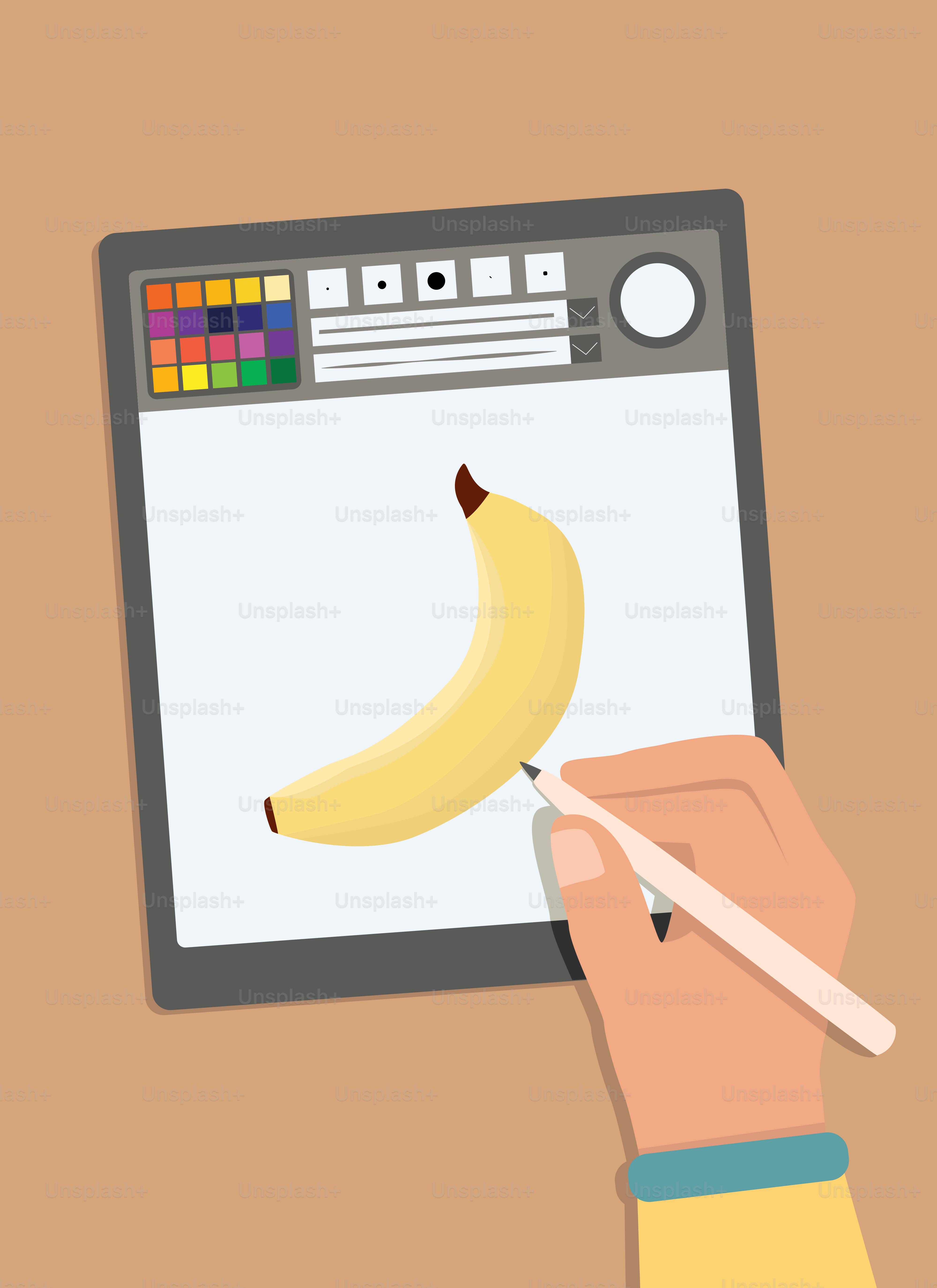 Uma pessoa está desenhando uma banana em um tablet