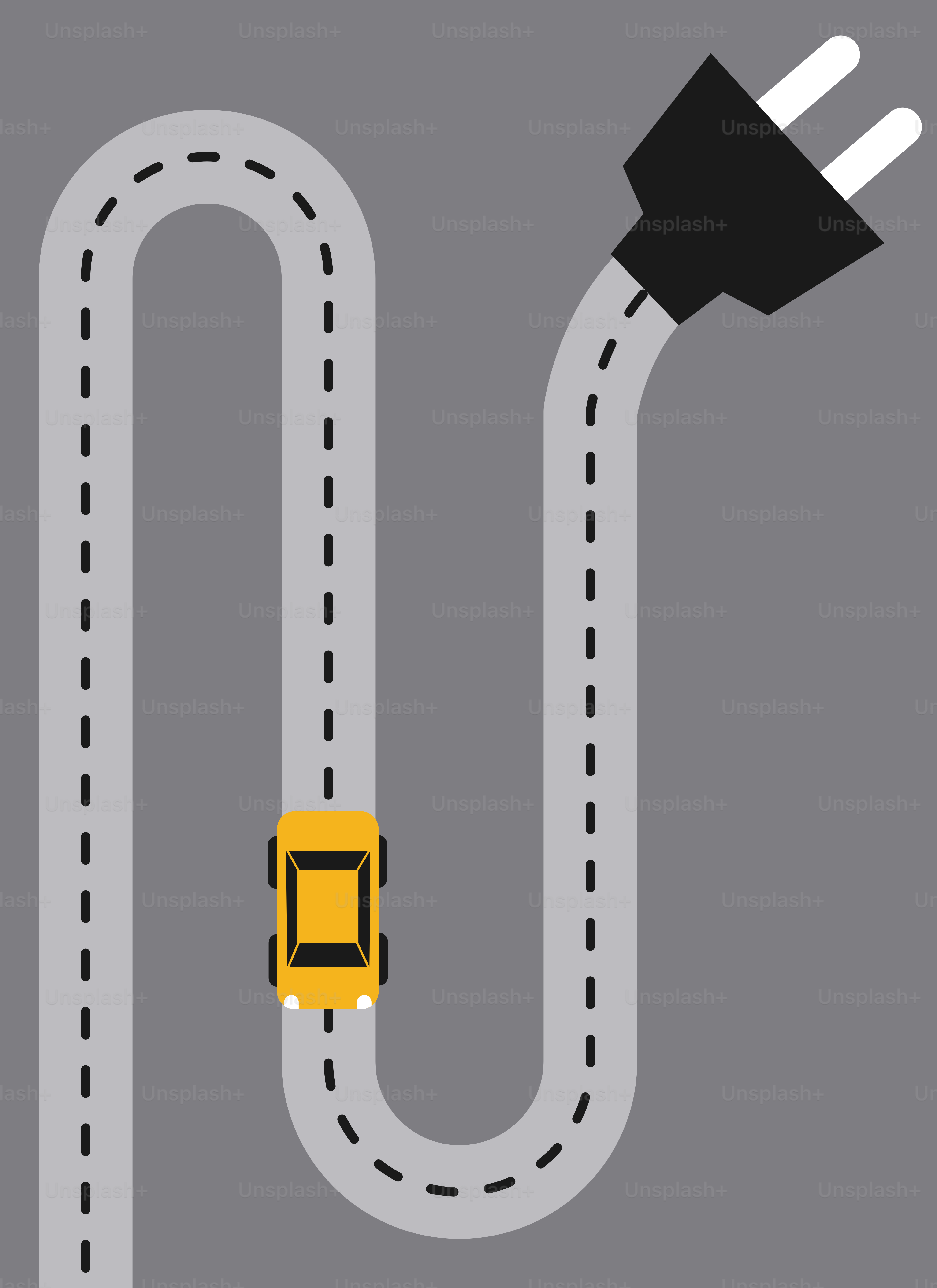 A yellow car driving down a road next to a traffic light