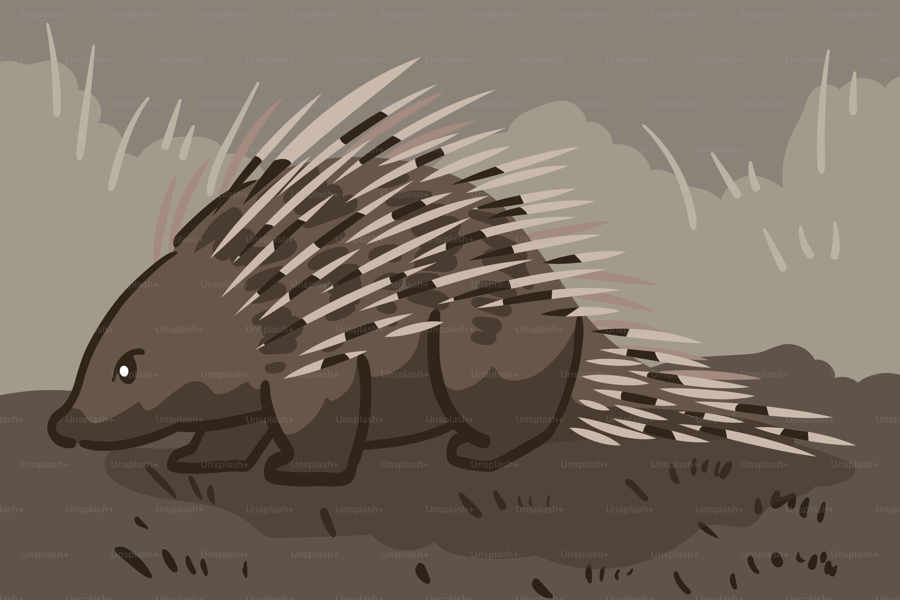 A drawing of a porcupine walking in the dirt