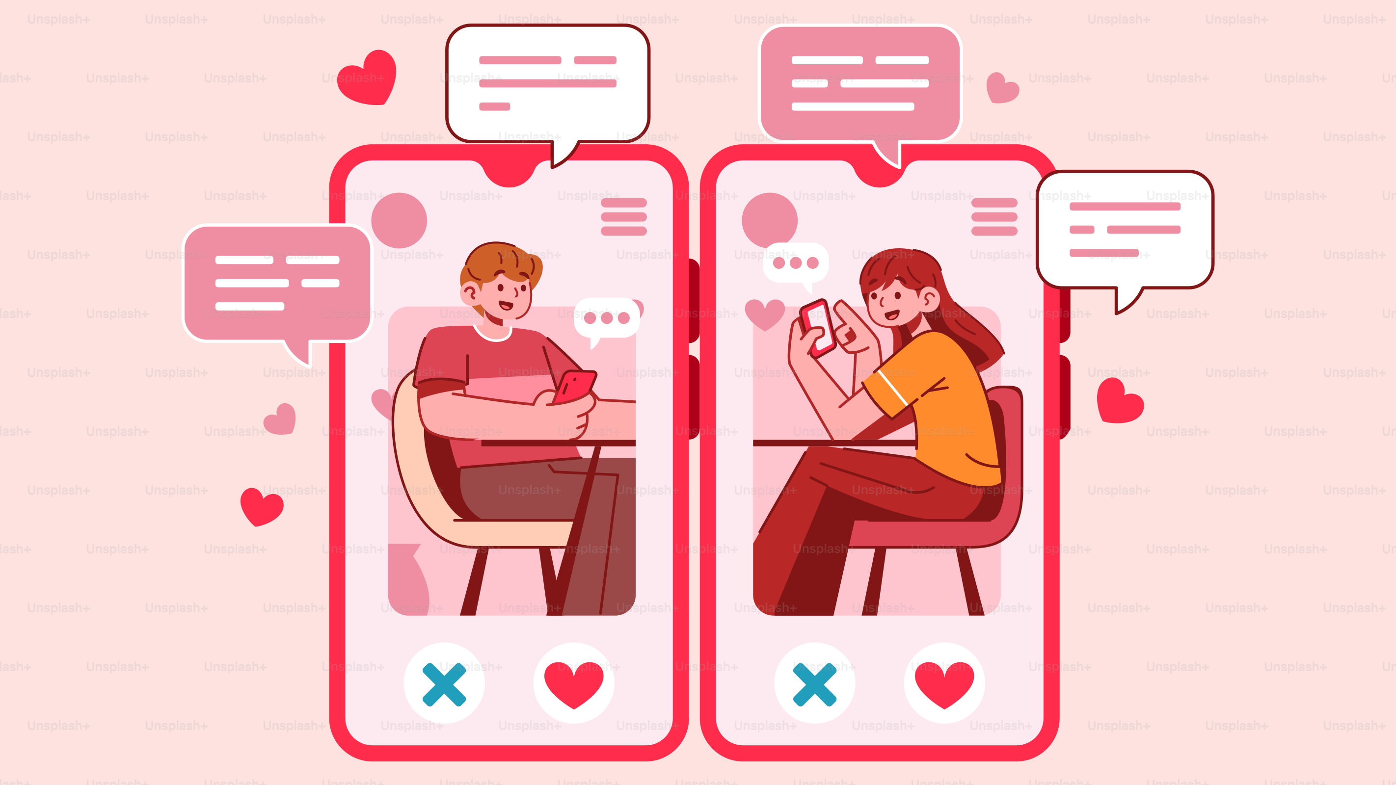 Two people sitting at a table with conversation bubbles above them