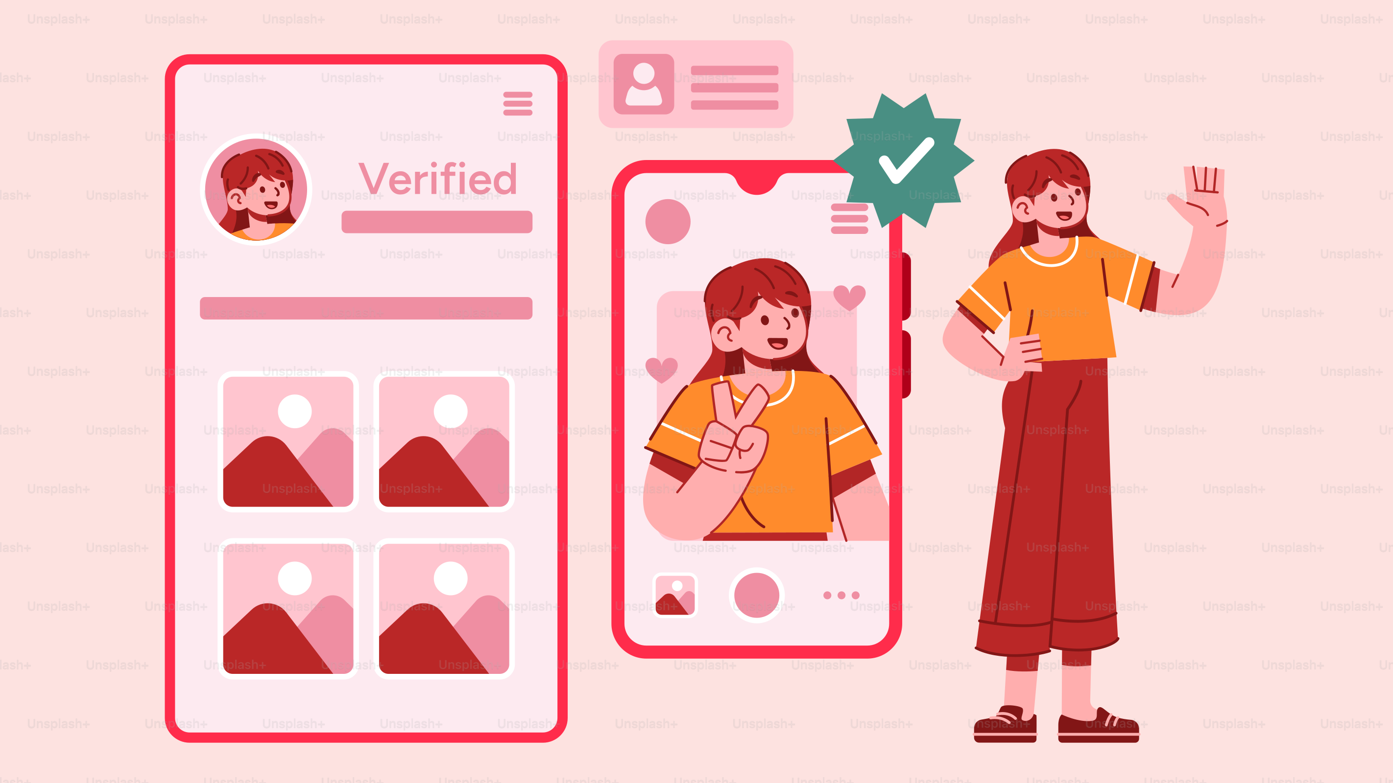 A woman standing next to a cell phone with a picture of a man on it