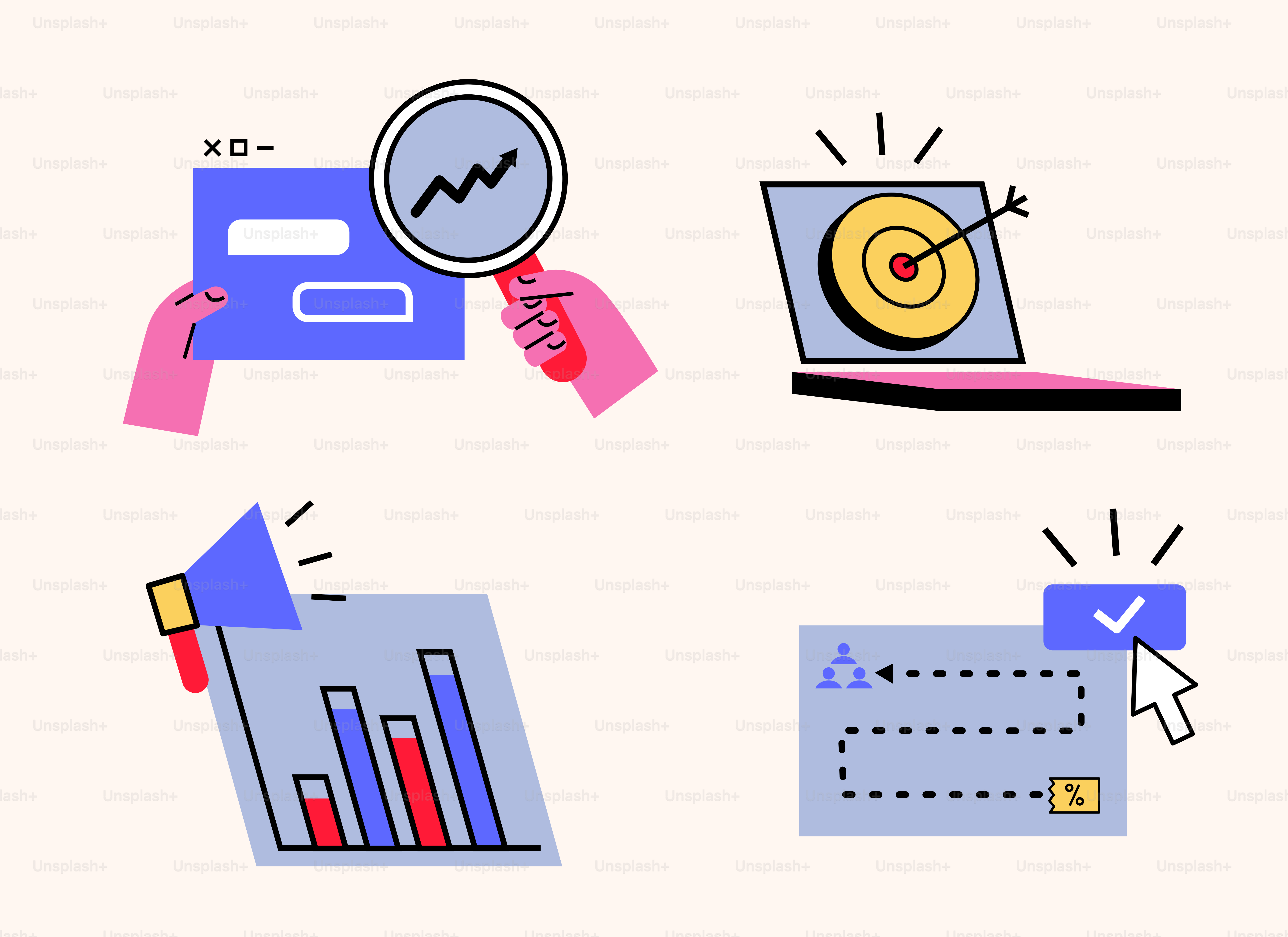 A hand holding a magnifying glass next to various icons