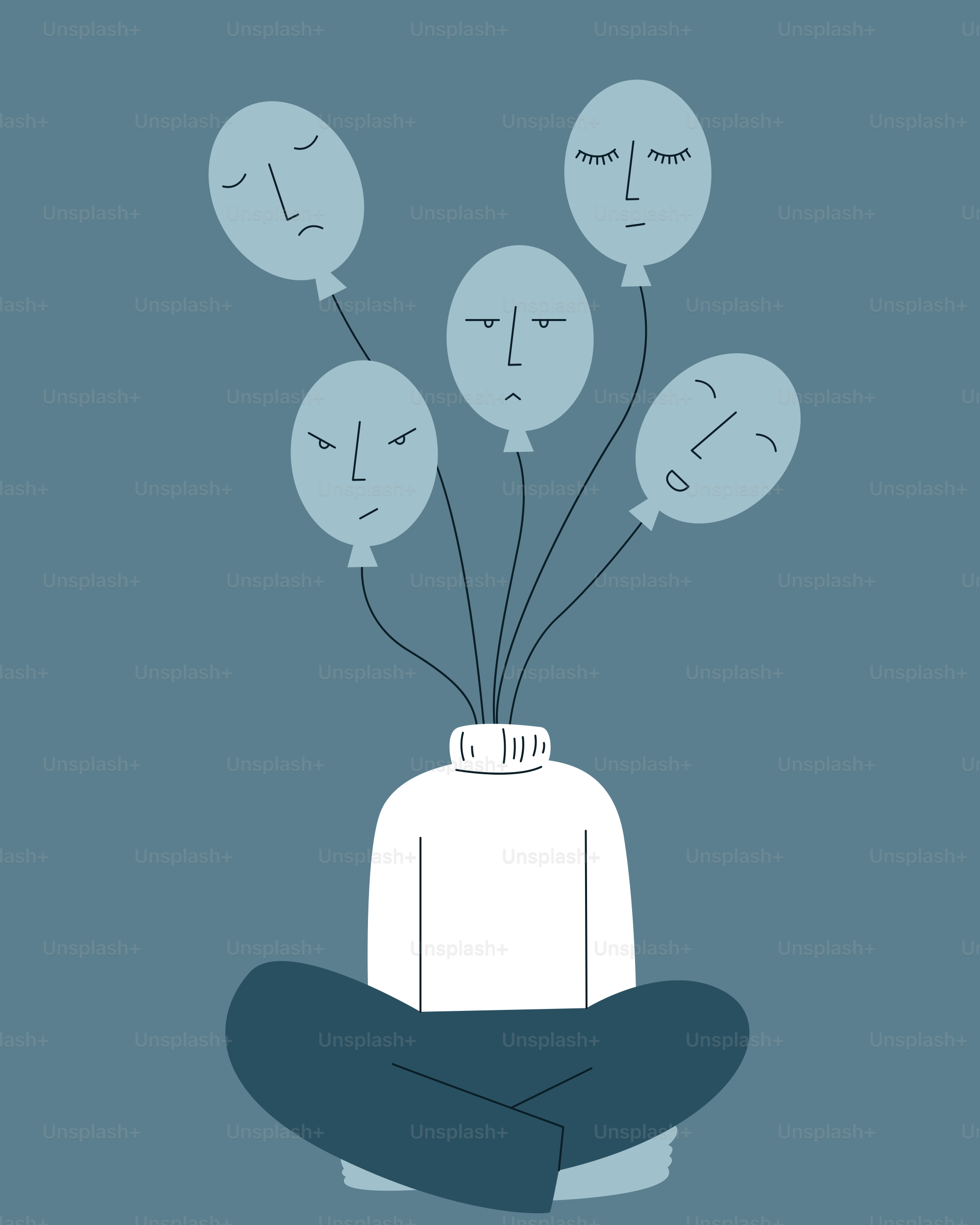 Una persona seduta sul pavimento con palloncini che fluttuano fuori dalla testa