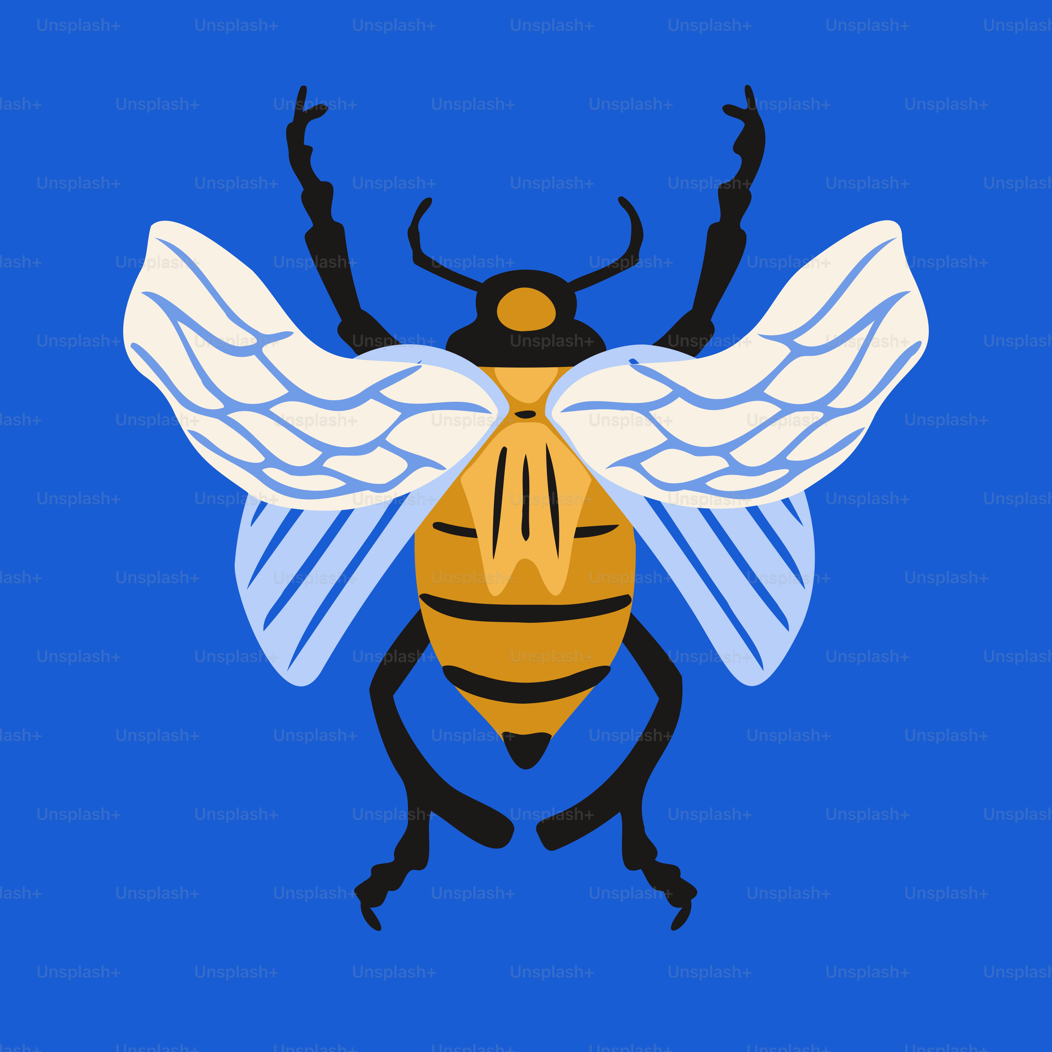 A yellow and black bee on a blue background