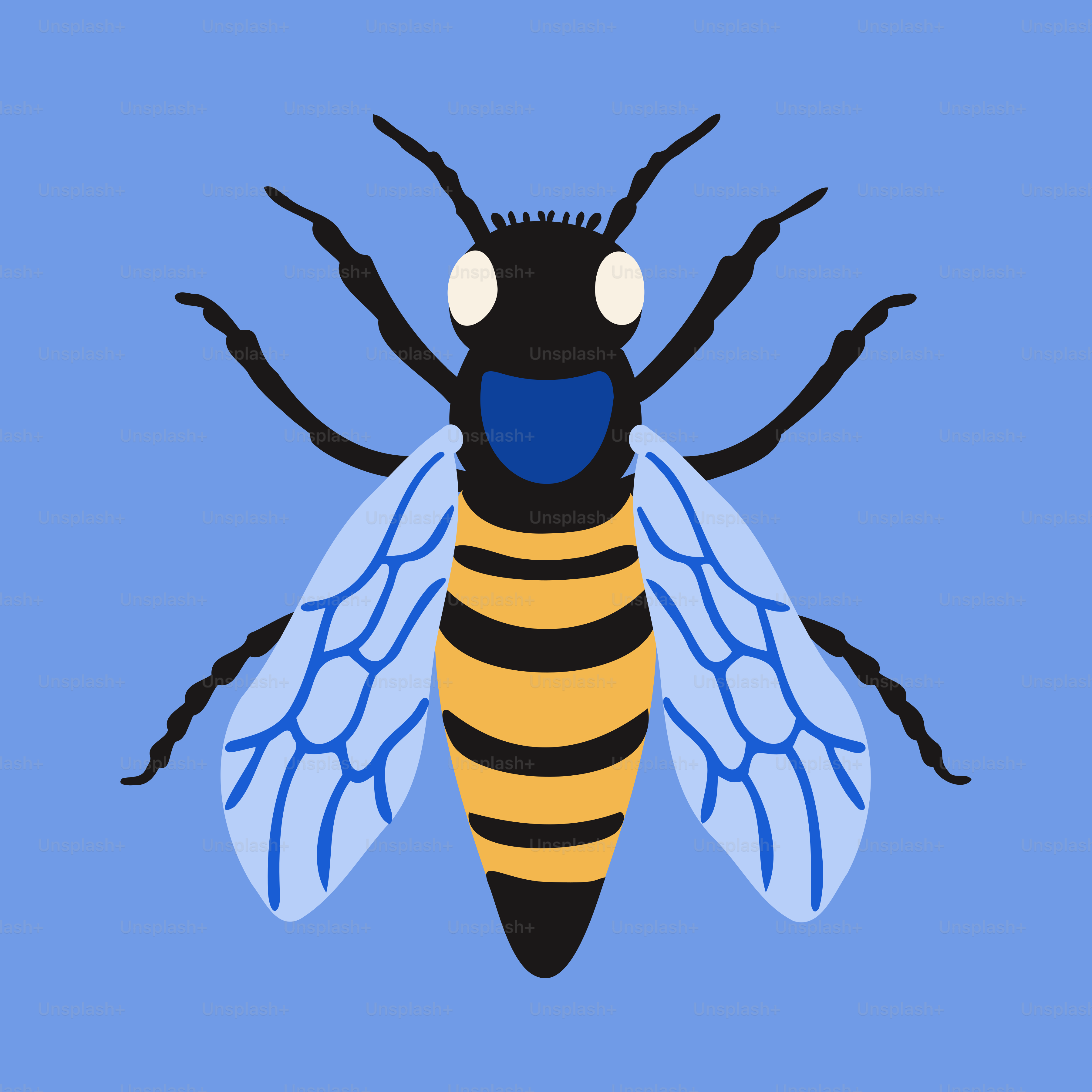 Uma abelha azul e amarela sobre fundo azul