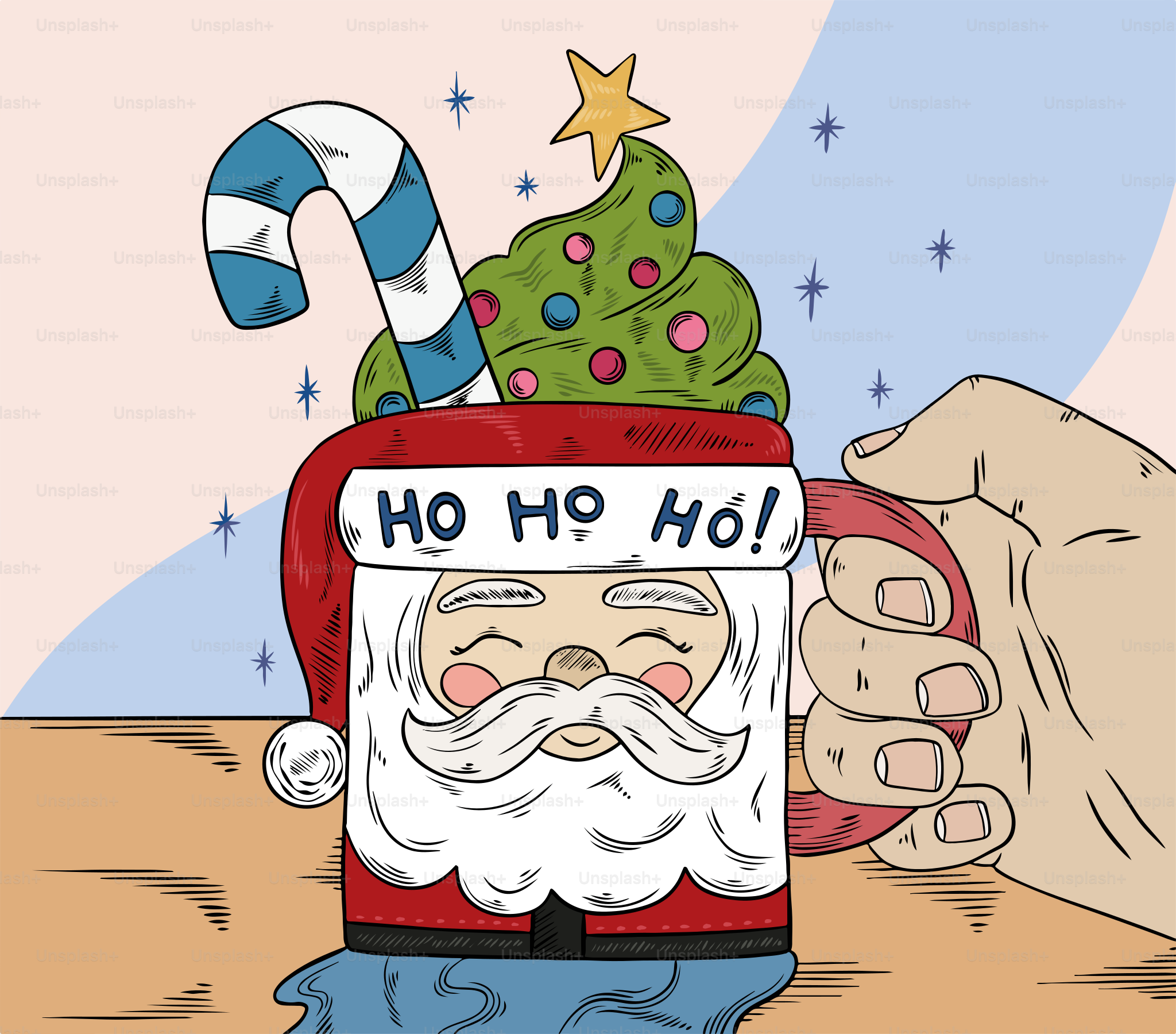 A cartoon of a santa clause holding a candy cane
