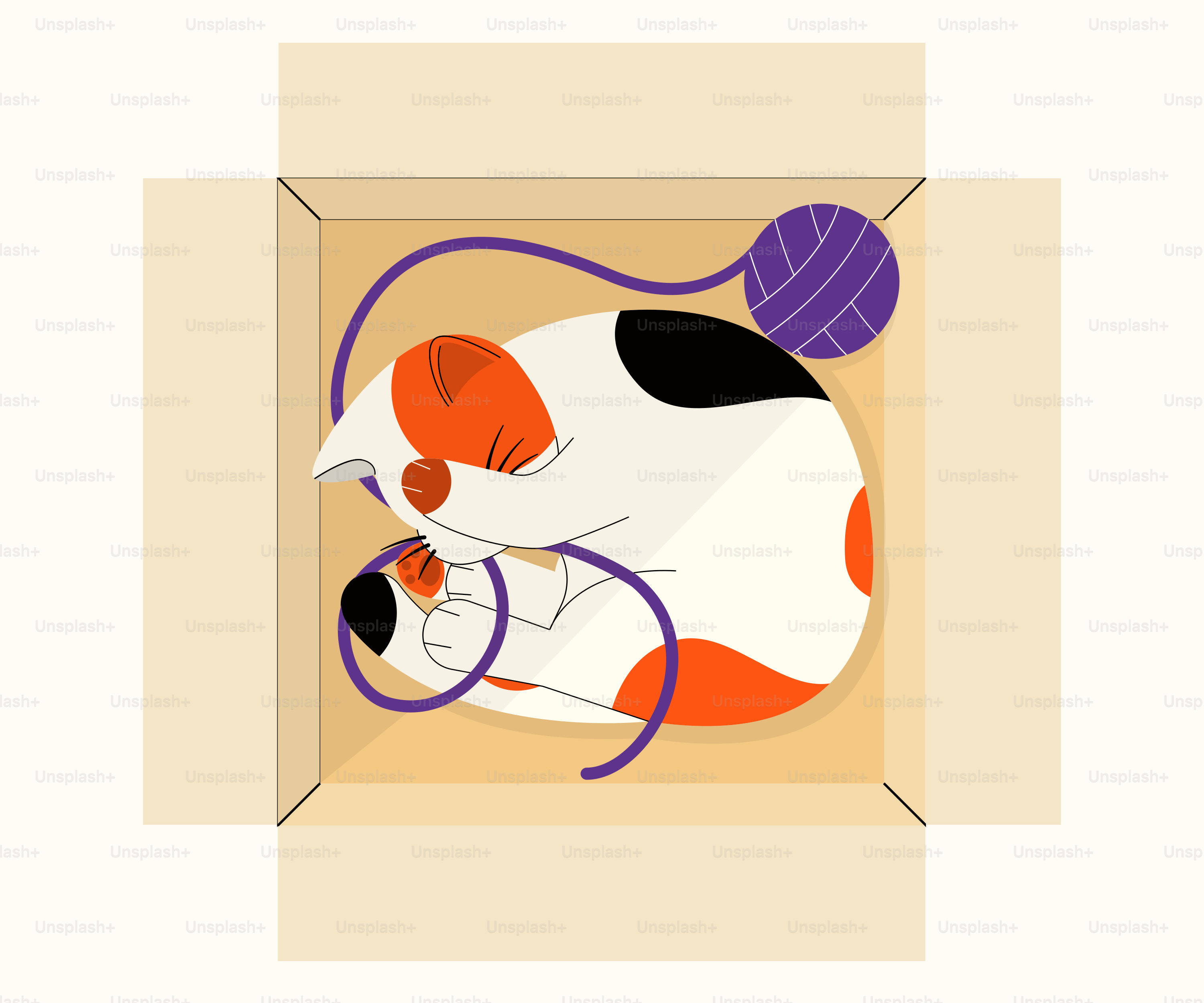 A dog laying in a box with a ball of yarn