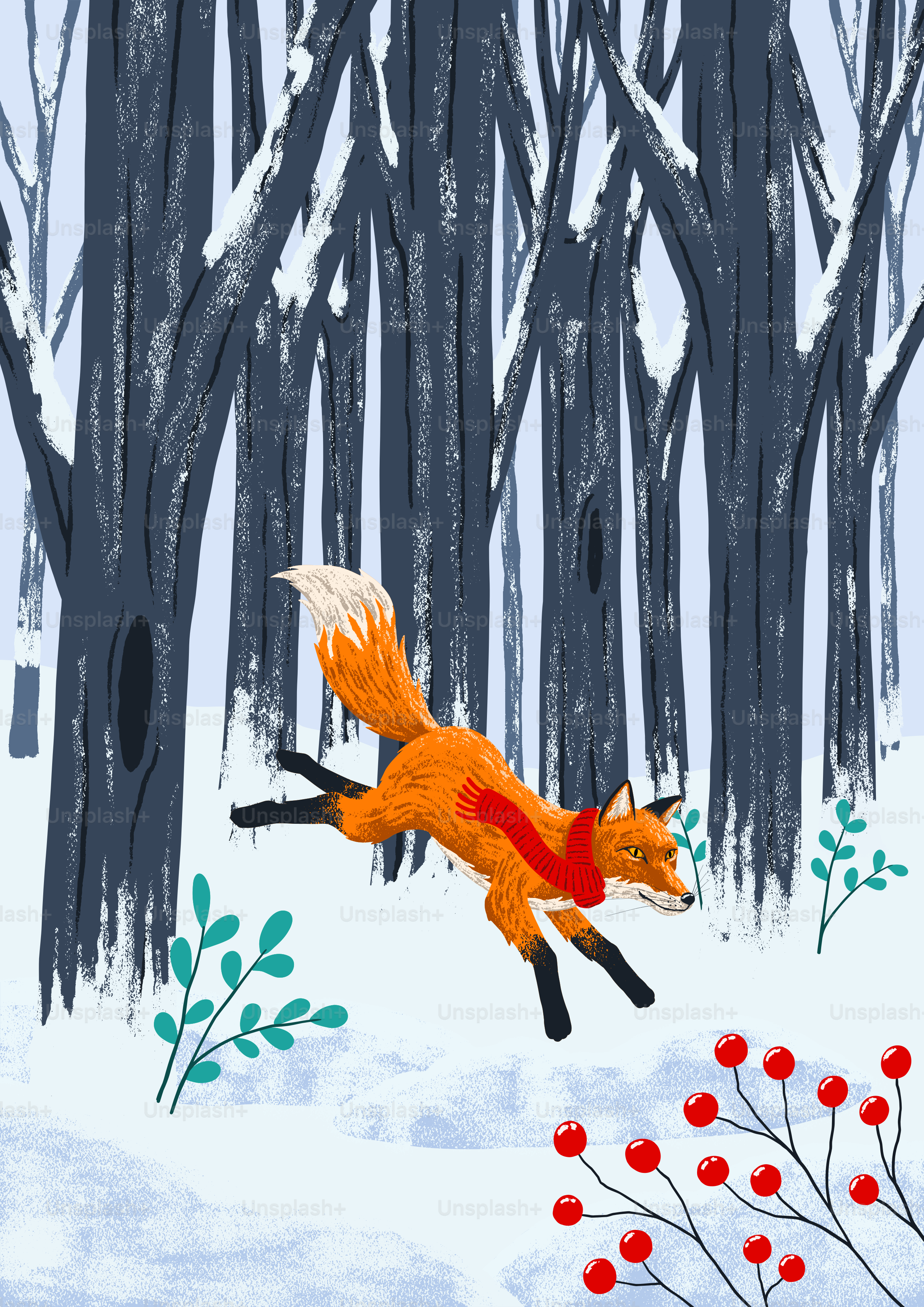 A painting of a fox in a snowy forest
