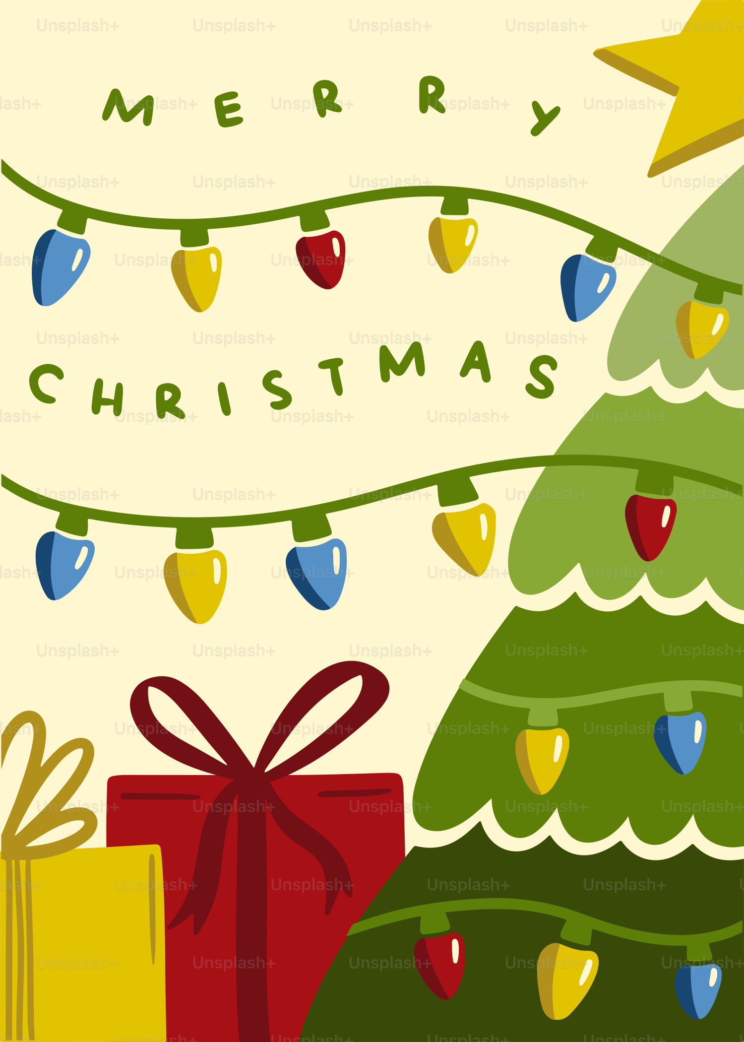 A christmas card with a christmas tree and presents