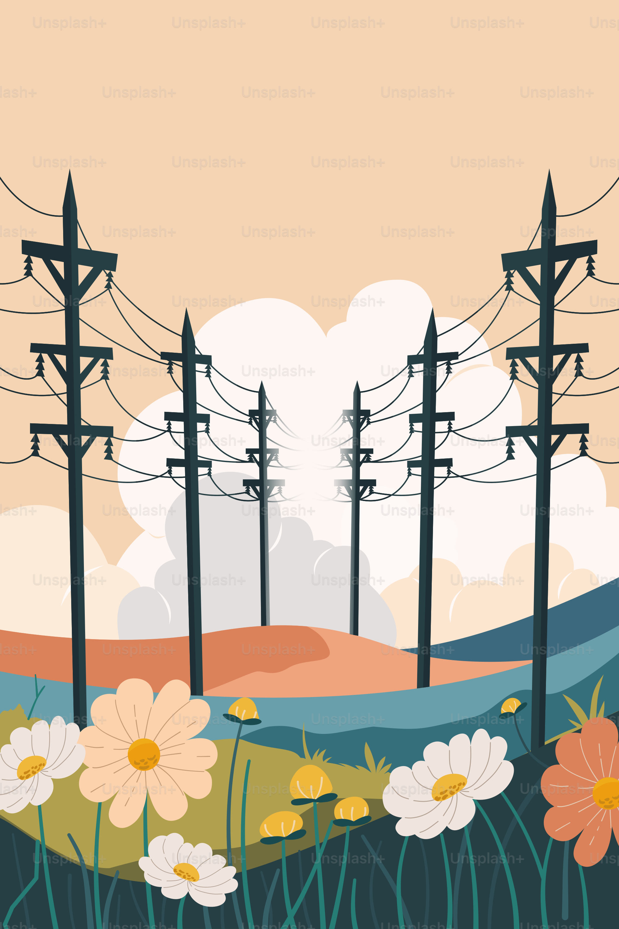 A field with power lines and flowers in the foreground