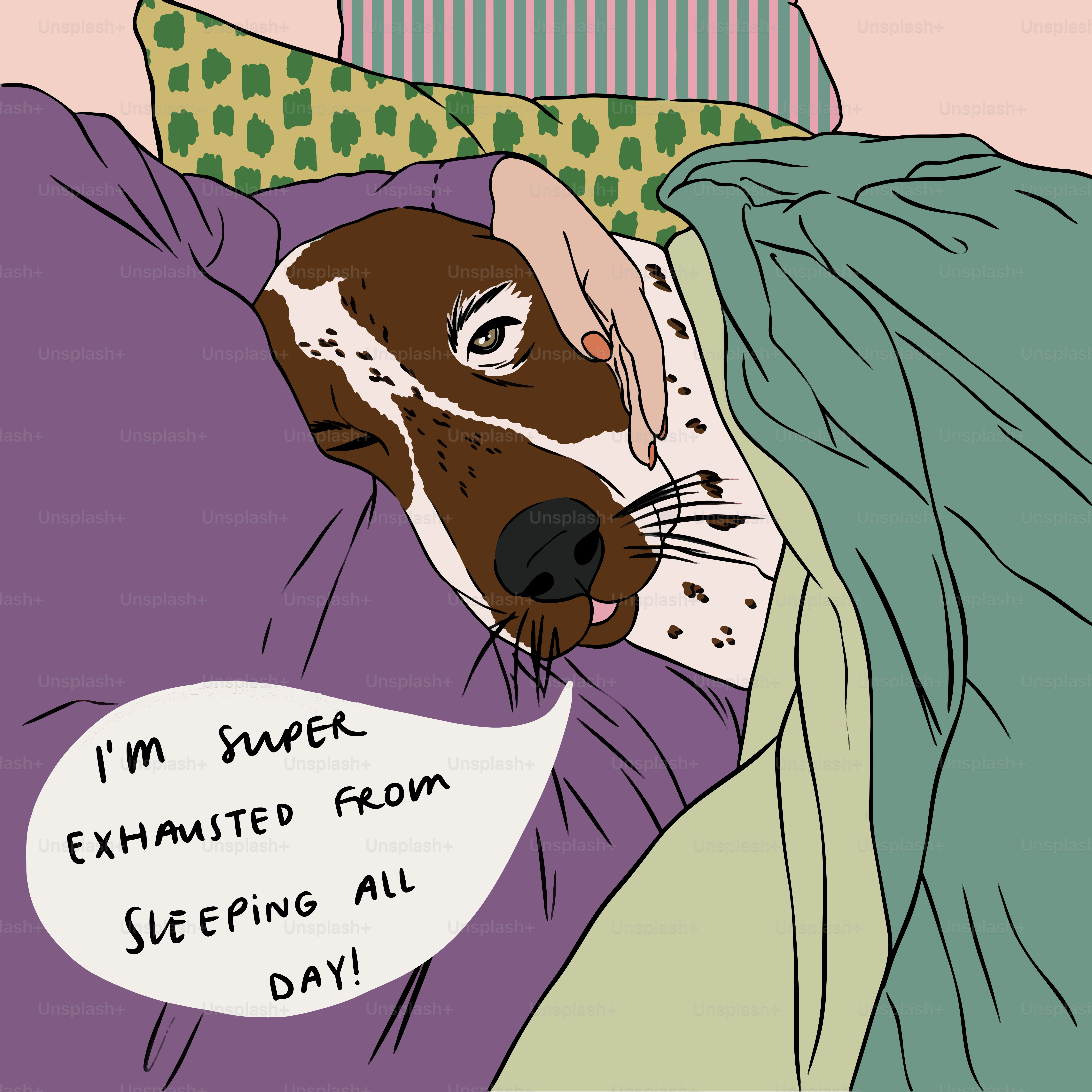 A dog is sleeping in a bed with a pillow