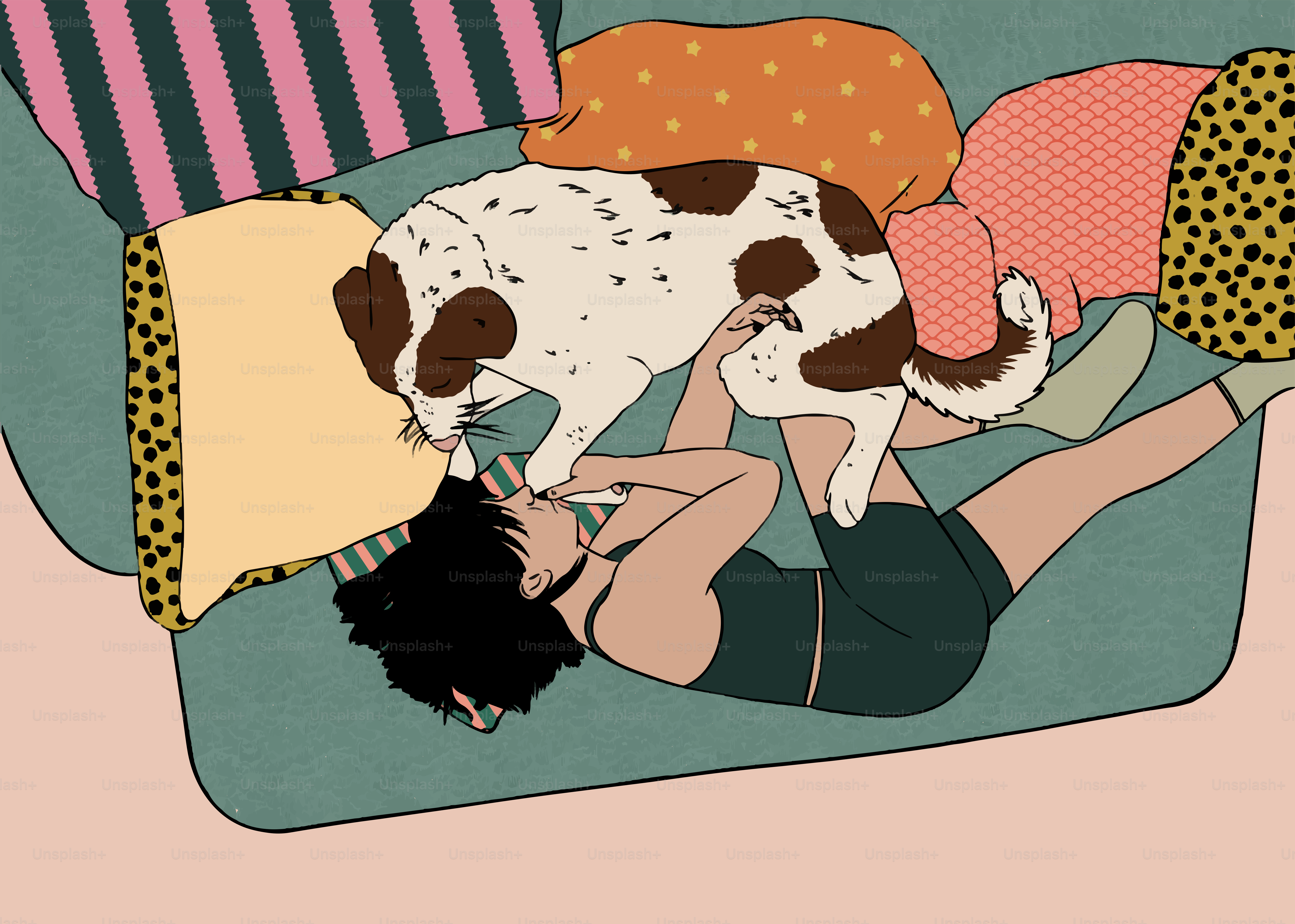 A woman laying on a couch with a dog