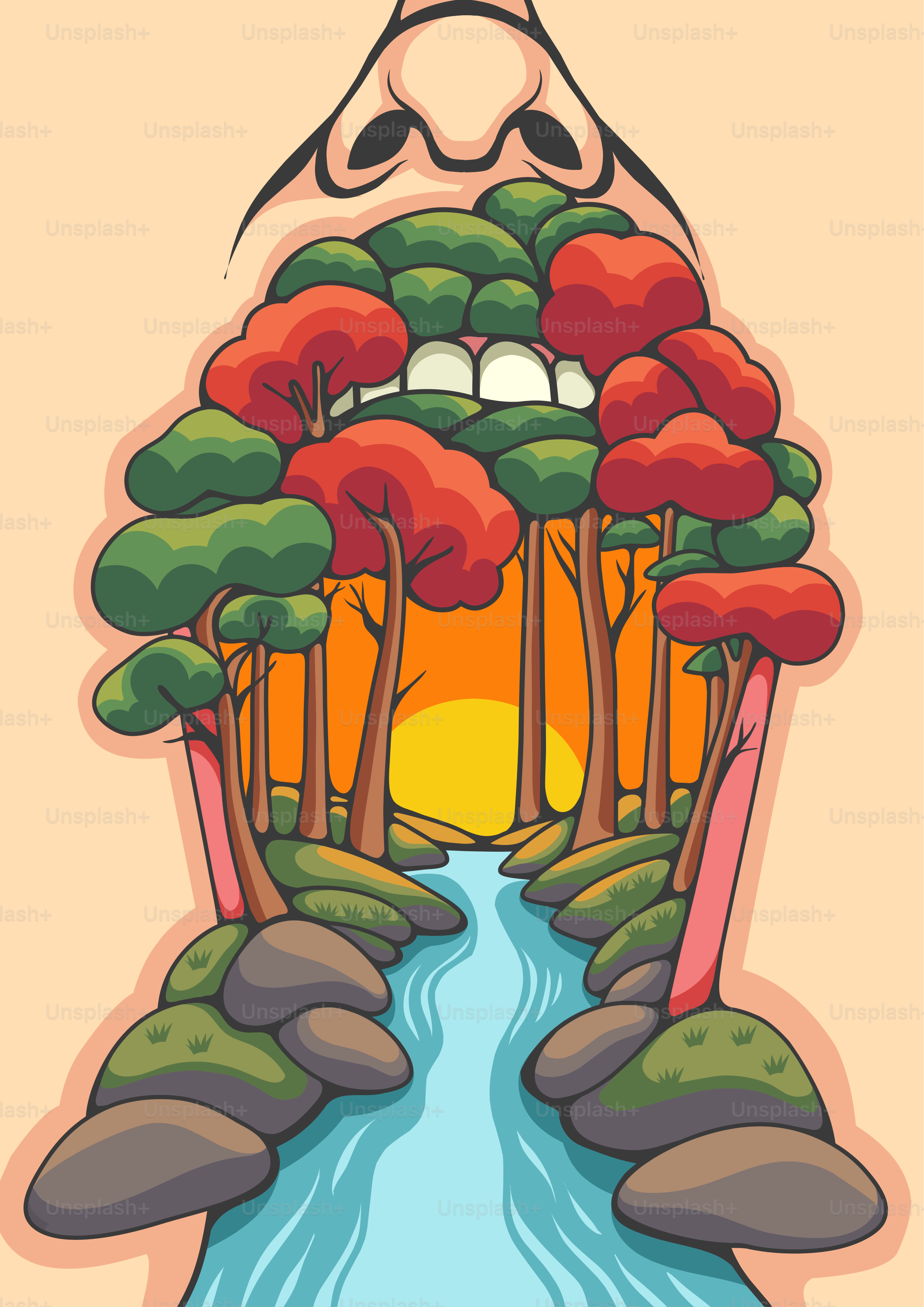 A cartoon of a waterfall with trees and a sun in the background