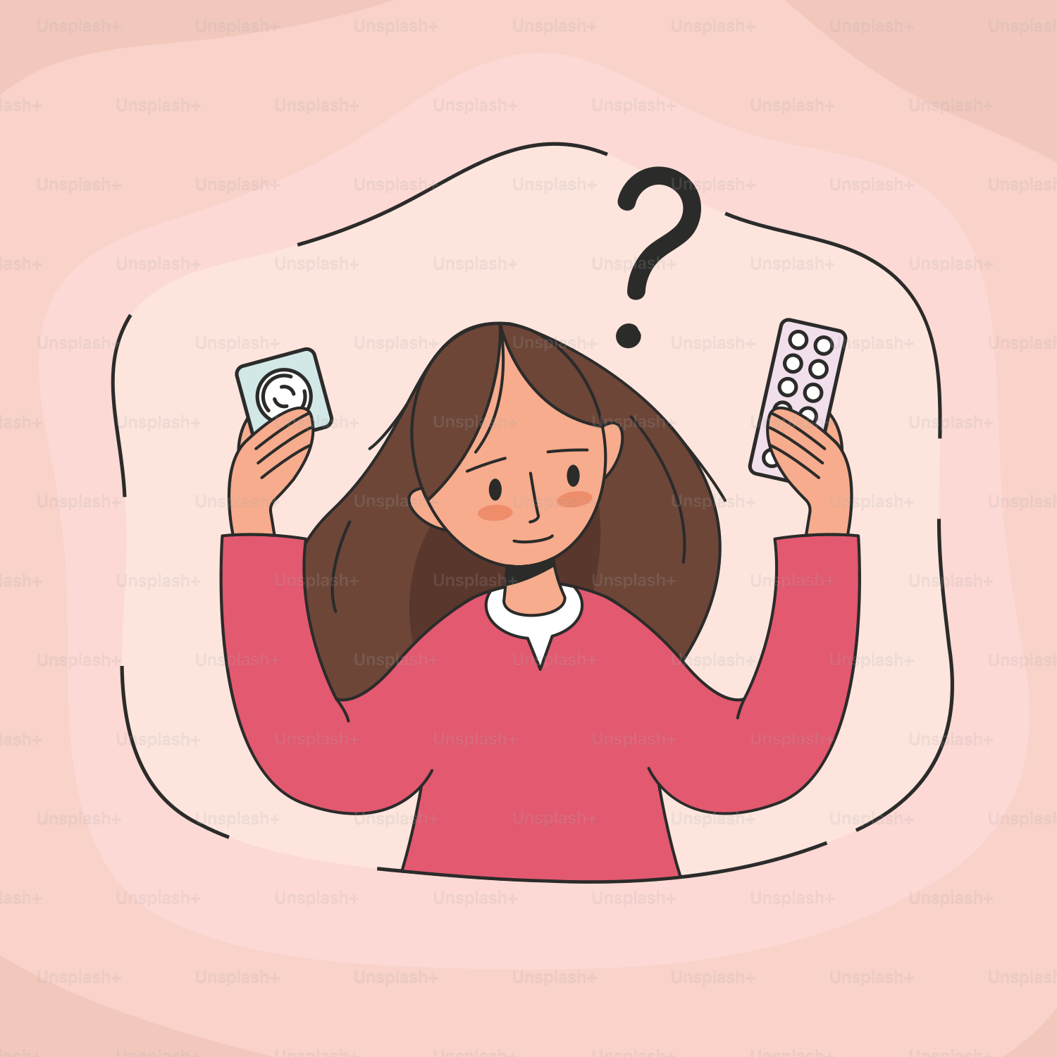 A woman holding a cell phone and a question mark above her head