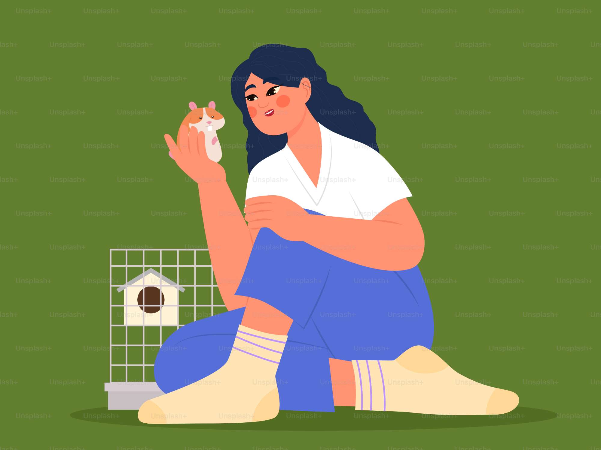 A woman sitting on the ground next to a cat