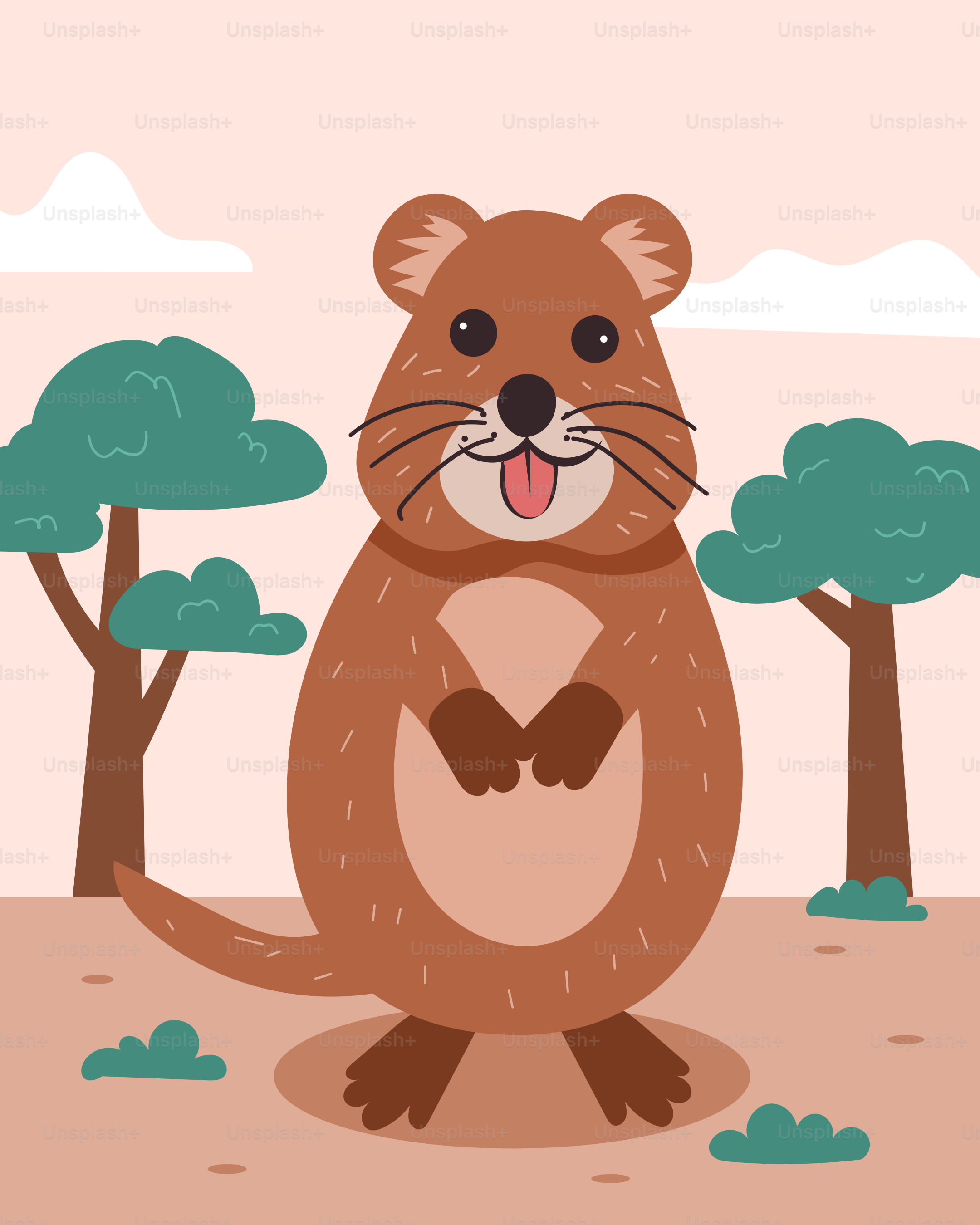 A cartoon beaver standing in the middle of a forest